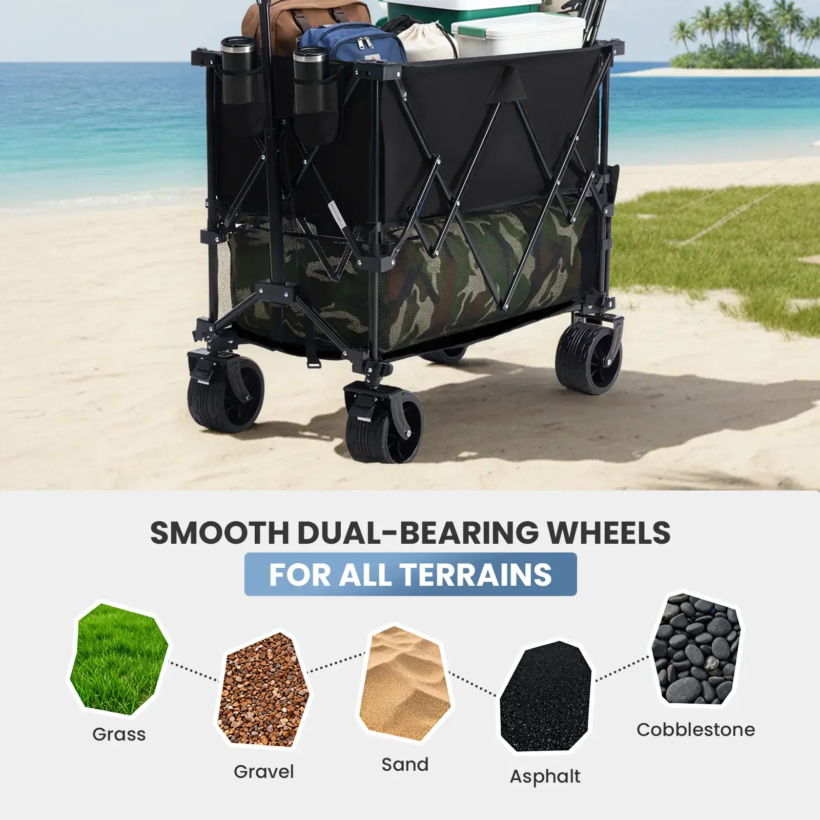 320L Outdoor Folding Double-Decker Wagon with Brakes, 440 lbs Capacity, Flexible Handle, All-Terrain Big Wheels, Compact Pack & Foldable Size for Grocery, Camping