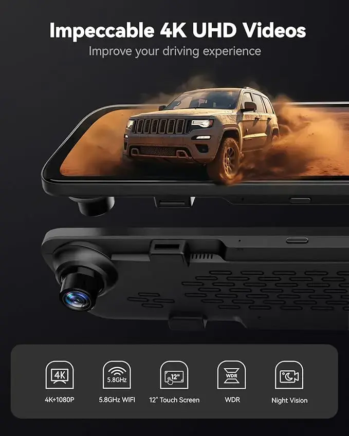 12 Inch Smart Rearview Mirror Dash Cam, 4K Front & Rear Dual Camera with Backup Camera, 5.8GHz WiFi, Night Vision, GPS & 32GB Card for Car & Truck