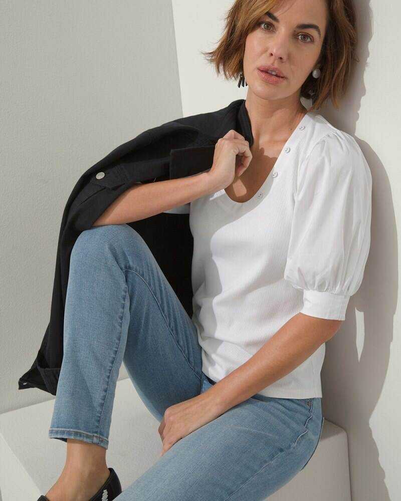 Puff Sleeve Ribbed Henley Tee Pagoda Blue