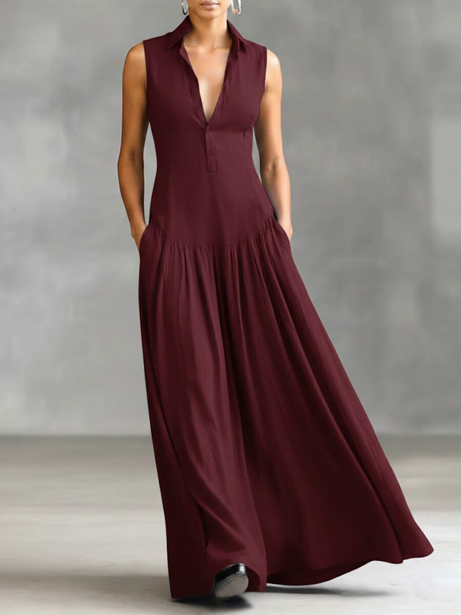 🔥Summer Arrivals🌟Women's Solid Color Lapel Sleeveless Casual Loose Cotton Dress