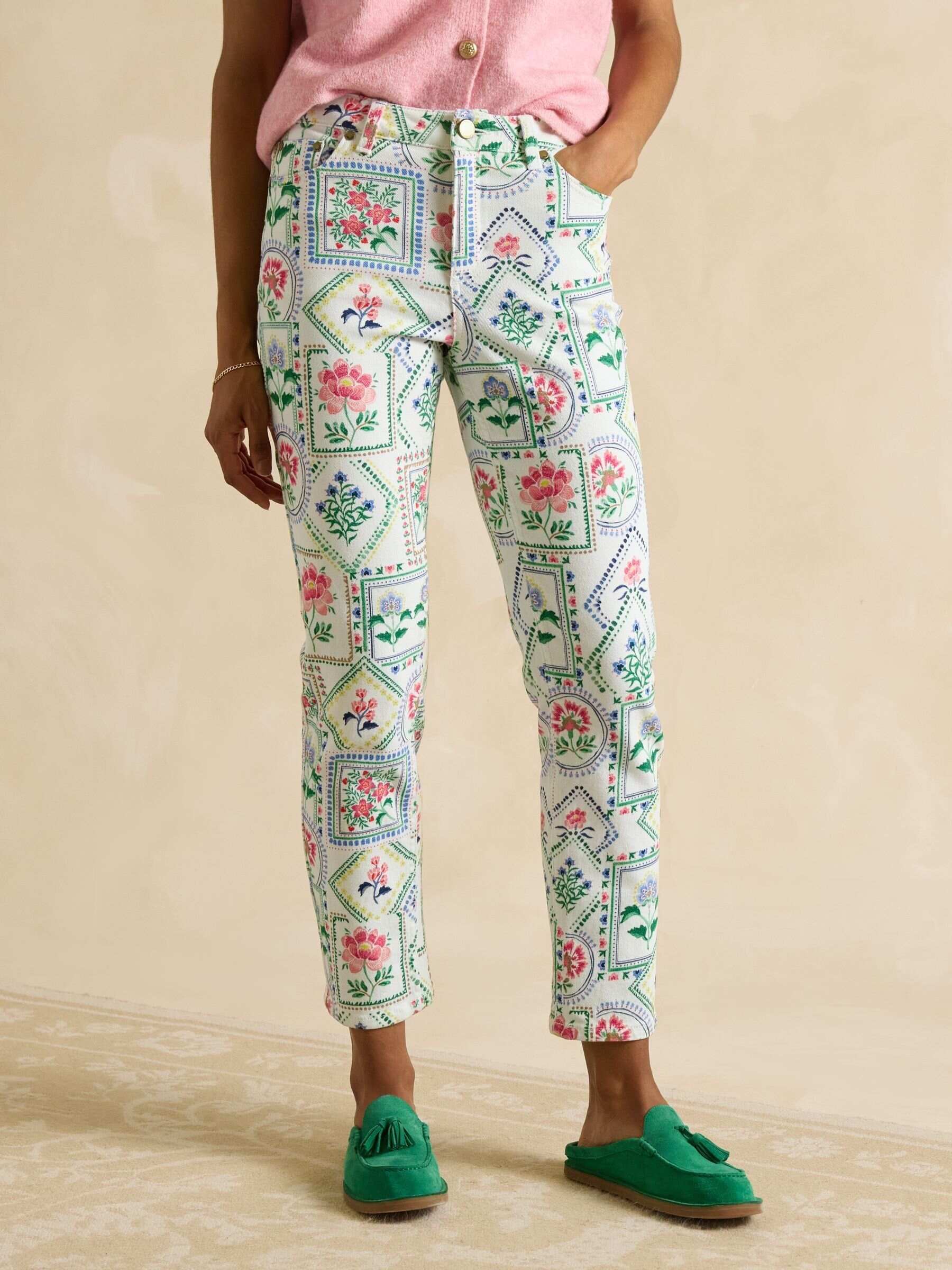 Cream Tile Print Straight Fit Mid Rise Jeans