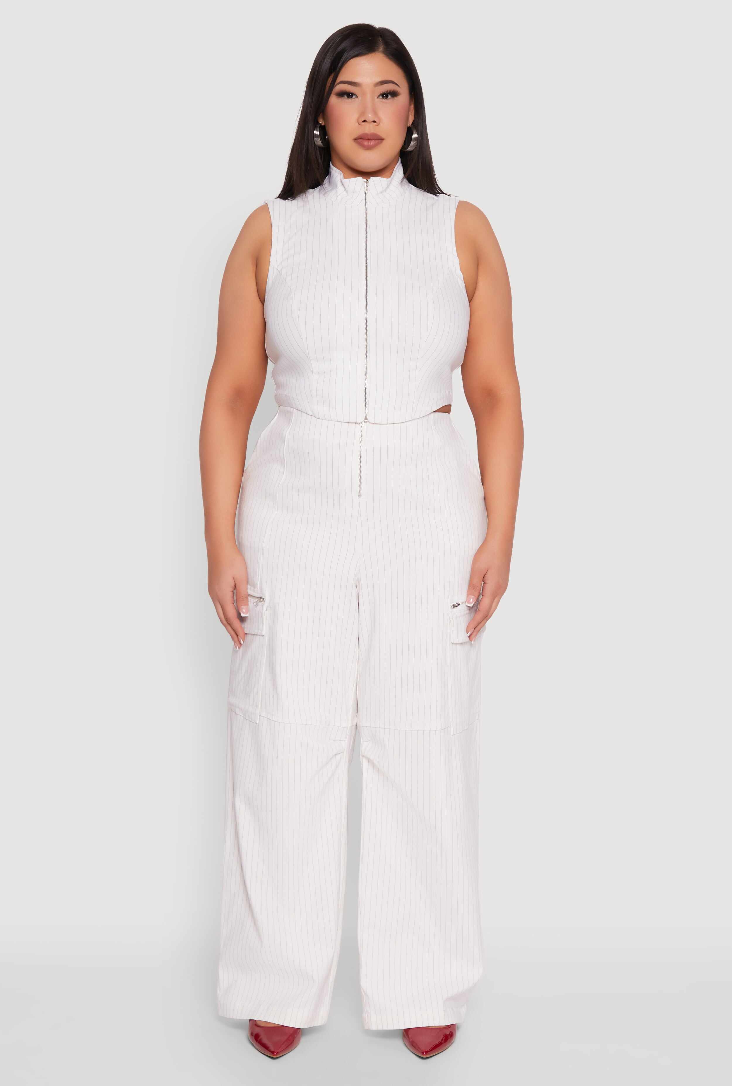 Plus Size Pinstripe Zip Cargo Dress Pants