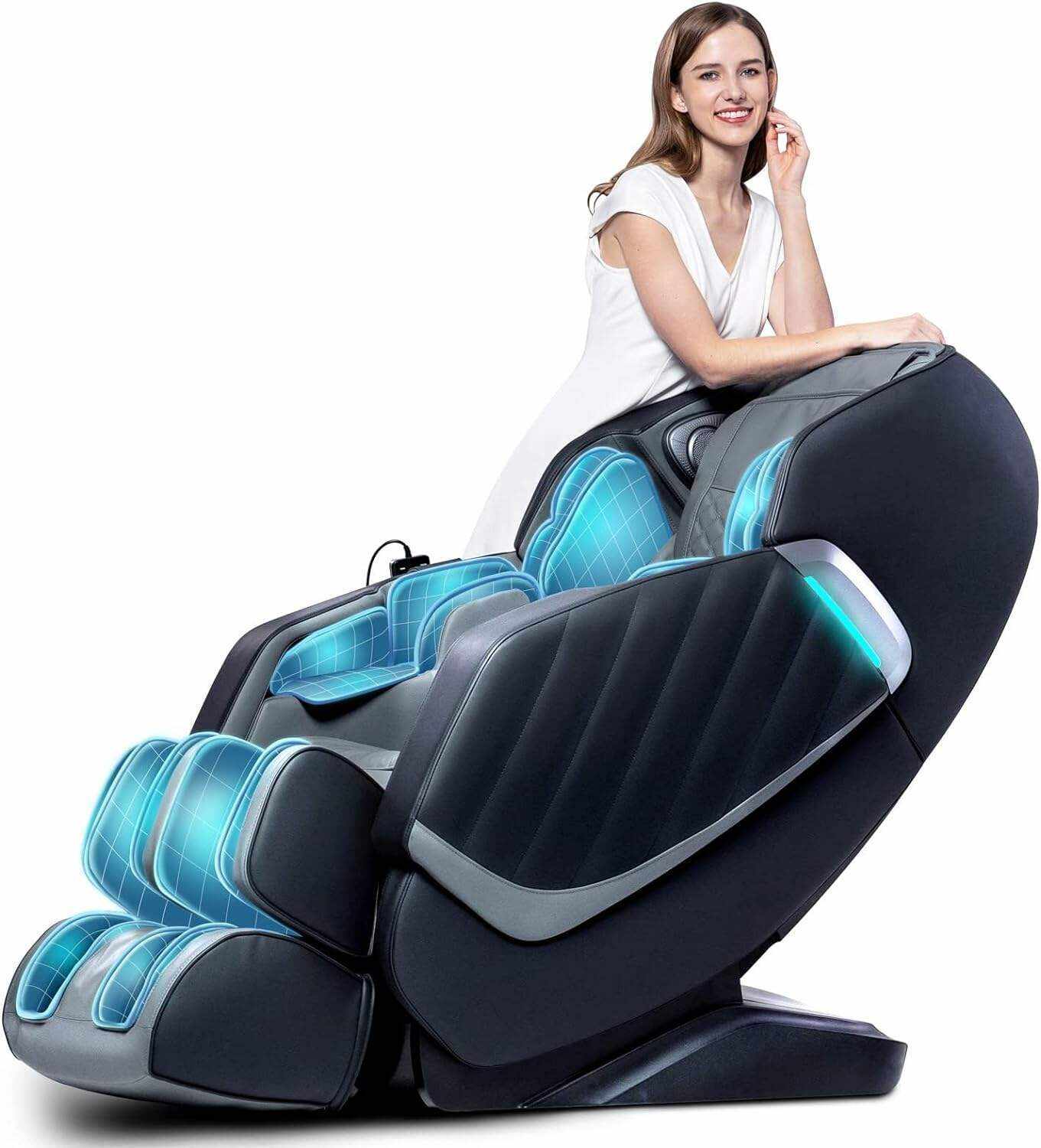 HealthRelife Massage Chair Zero Gravity, Full Body Recliner with Heat Air Pressure SL Track 24 Airbags, Shiatsu Foot Roller Massage Thai-Stretch Bluetooth Speaker, Black&Grey