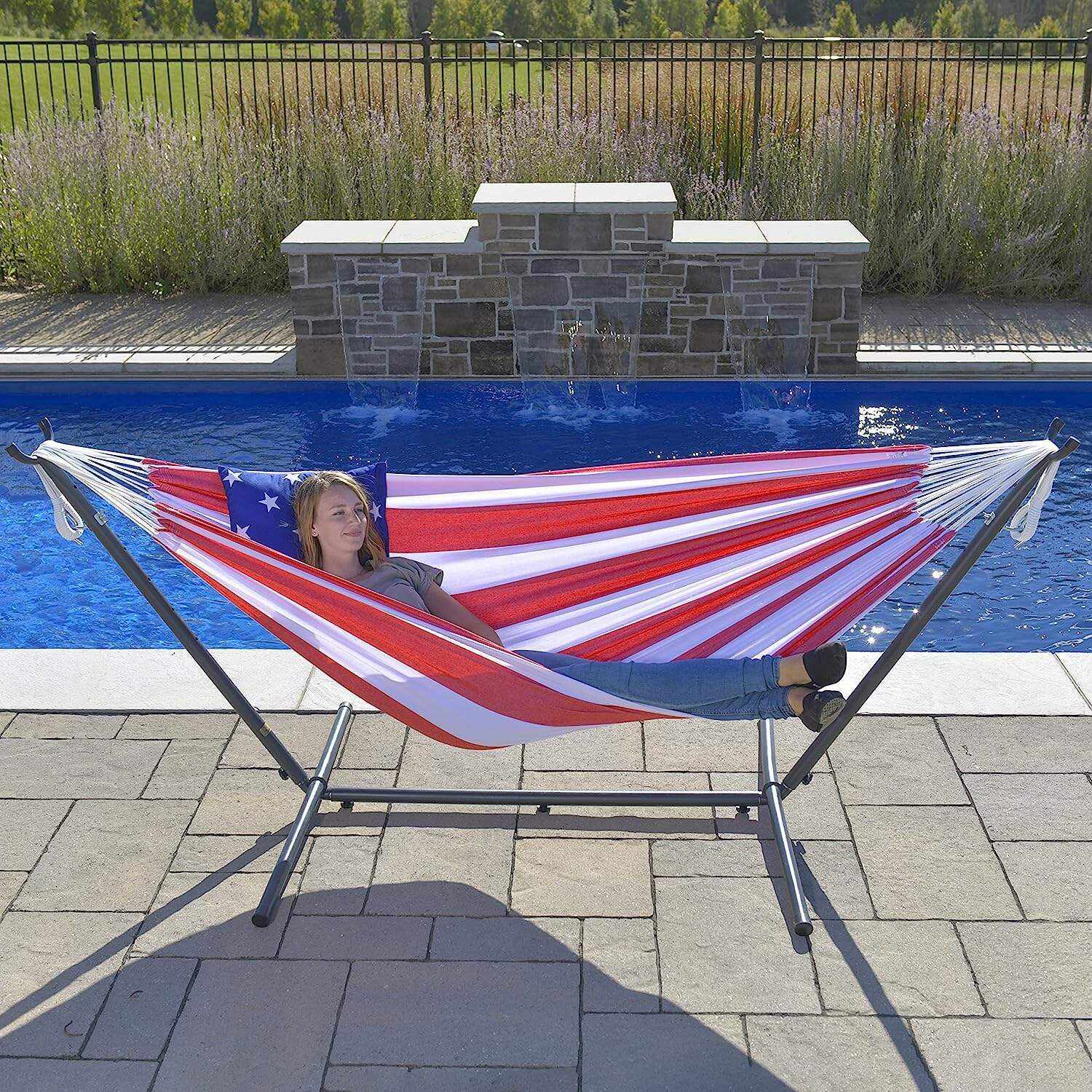 Double Cotton Hammock with Space Saving Steel Stand, Tropical (450 lb Capacity - Premium Carry Bag Included)