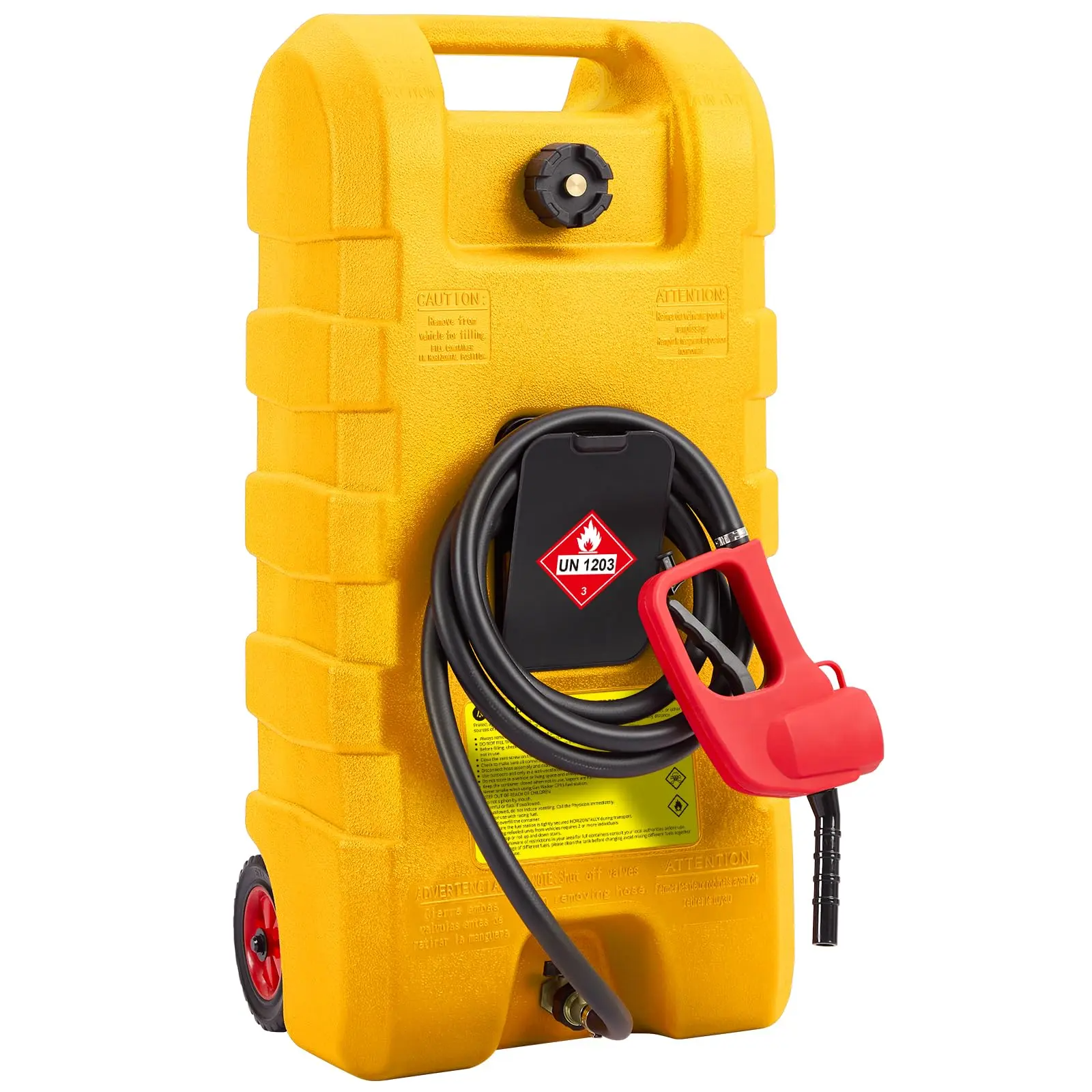 15 Gallon Portable Fuel Caddy with 10-ft Hose, Siphon Pump, and 7.5 L/min Manual Nozzle, Available in Gray, Red, and Yellow for Efficient Fuel Transfer and Storage.