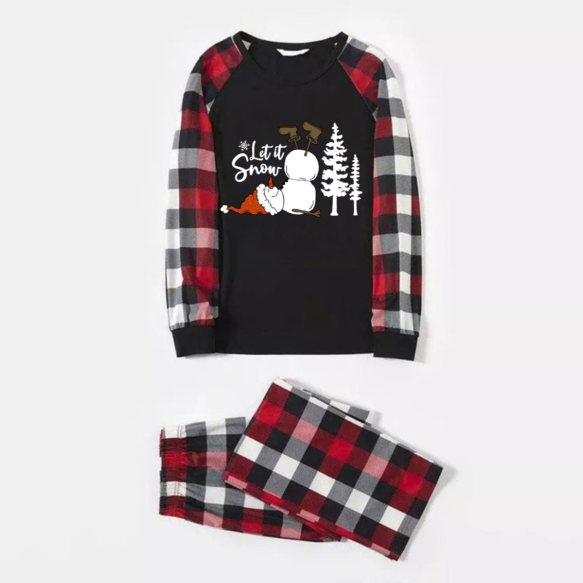 Let it snow letter and snowman Pattern Contrast Top with Red&Black&White Plaid Sleeves Family Matching Pajamas