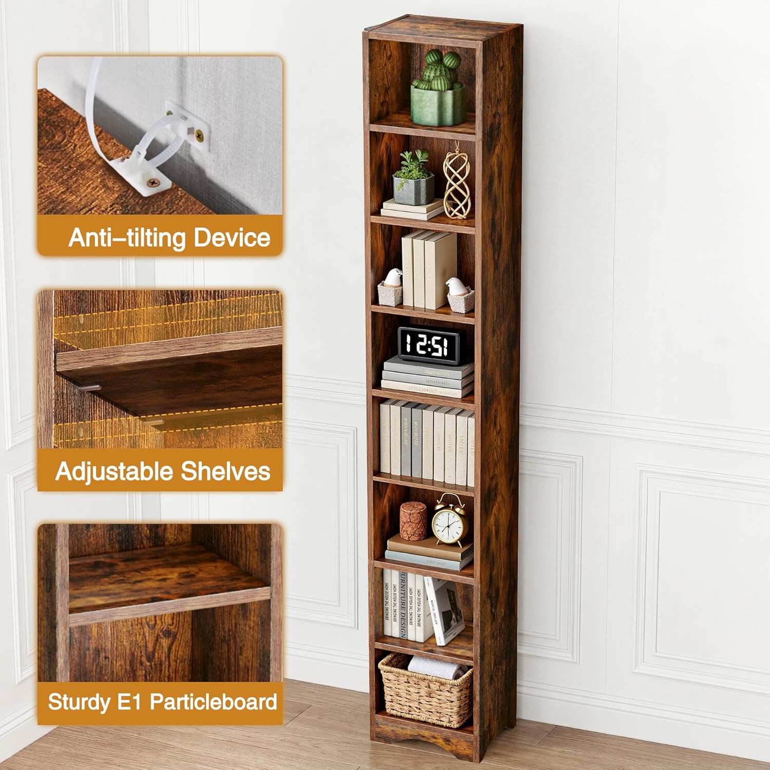 VECELO 8-Tier Tall Narrow Bookshelf