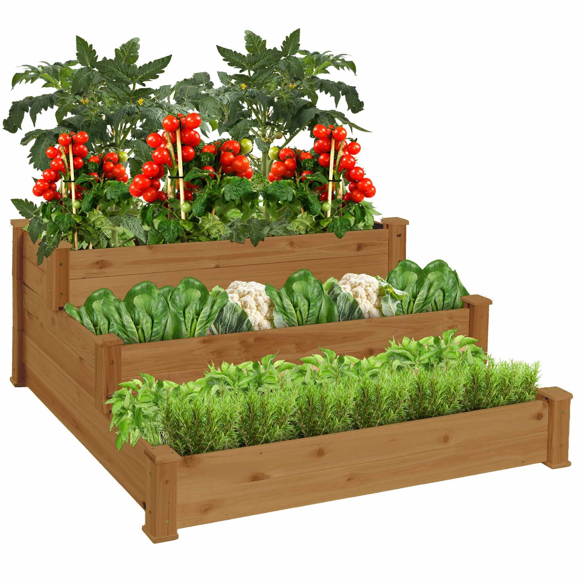3-Tier Raised Fir Wood Garden Bed Planter w/ Stackable & Flat Setup