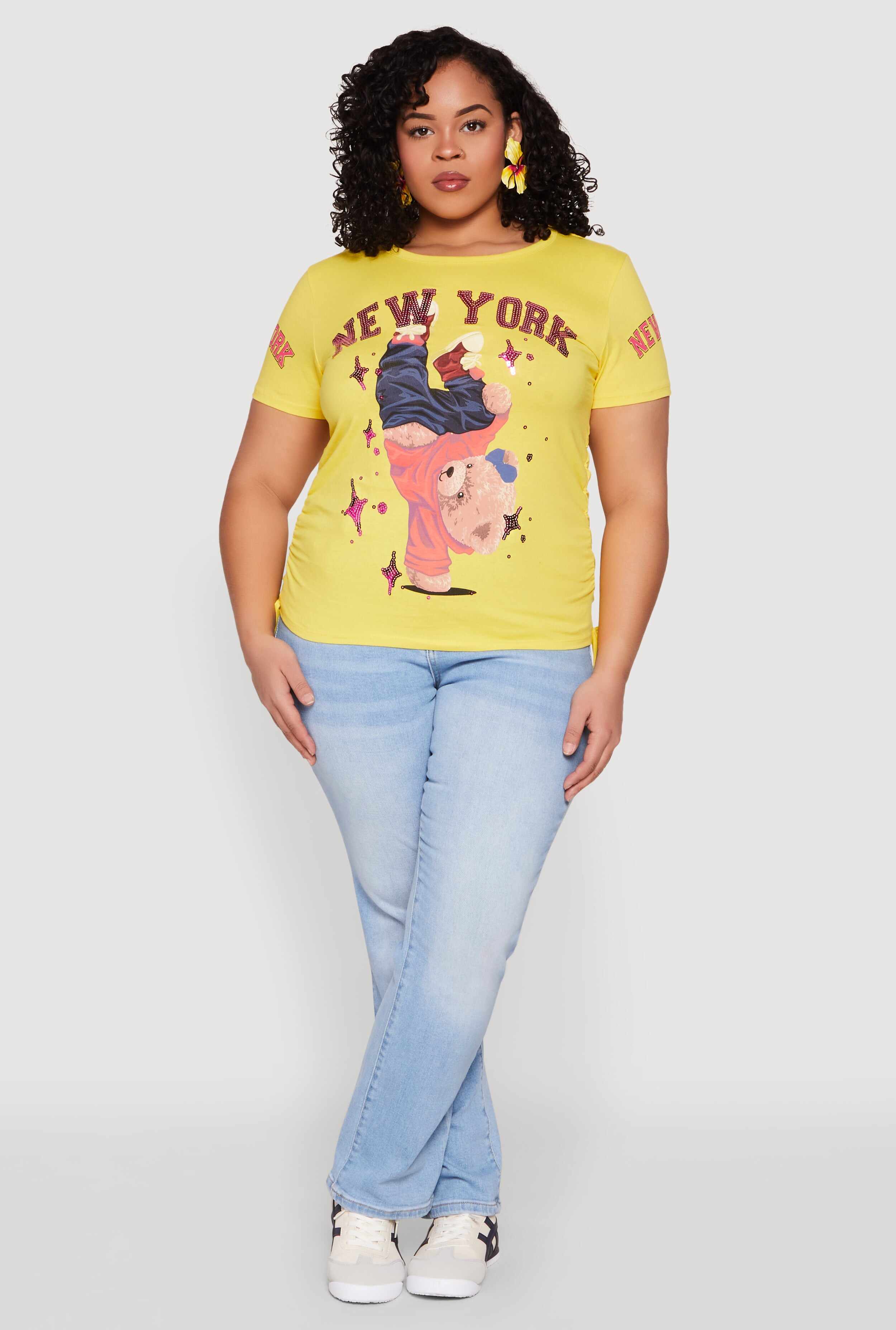 Plus Size New York Sequin Bear Graphic Top