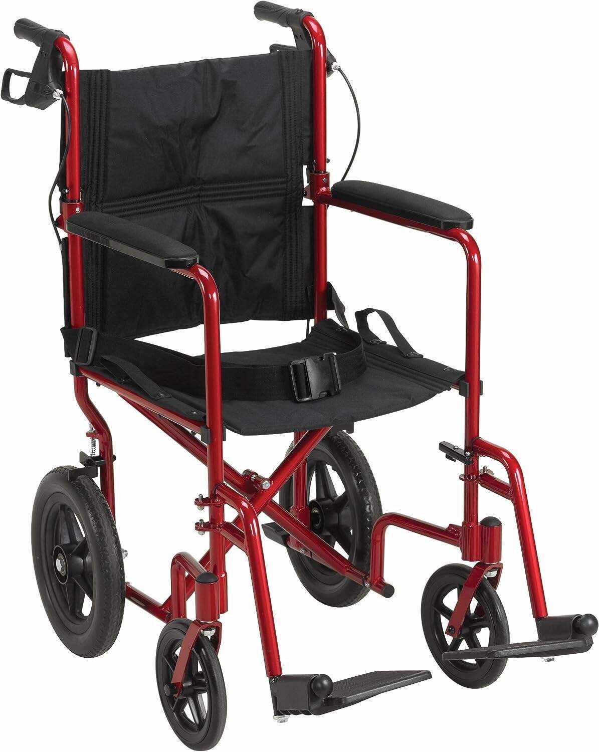 Drive Medical EXP19LTRD Lightweight Expedition Folding Transport Wheelchair with Hand Brakes, Red
