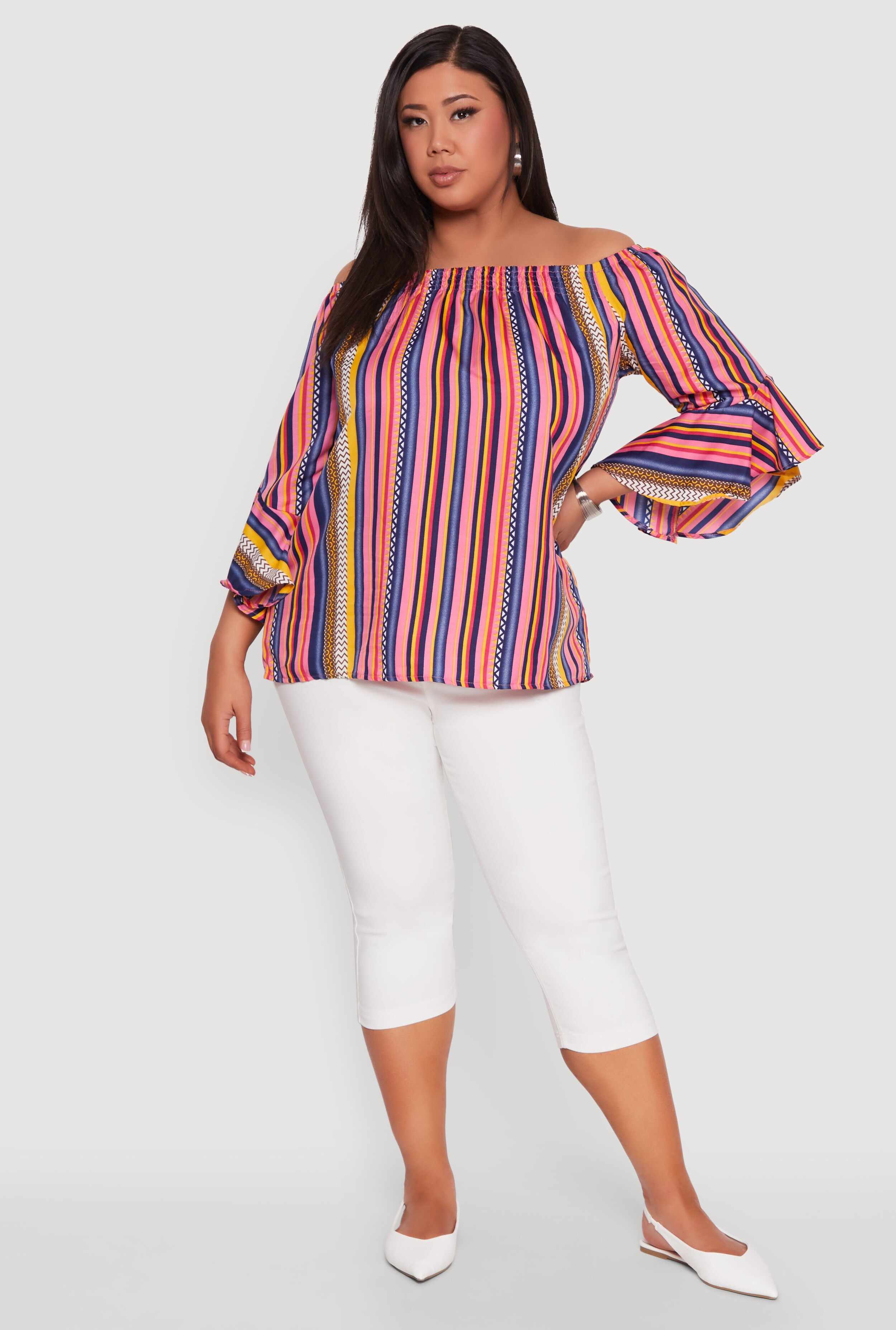Plus Size Striped Off The Shoulder Blouse