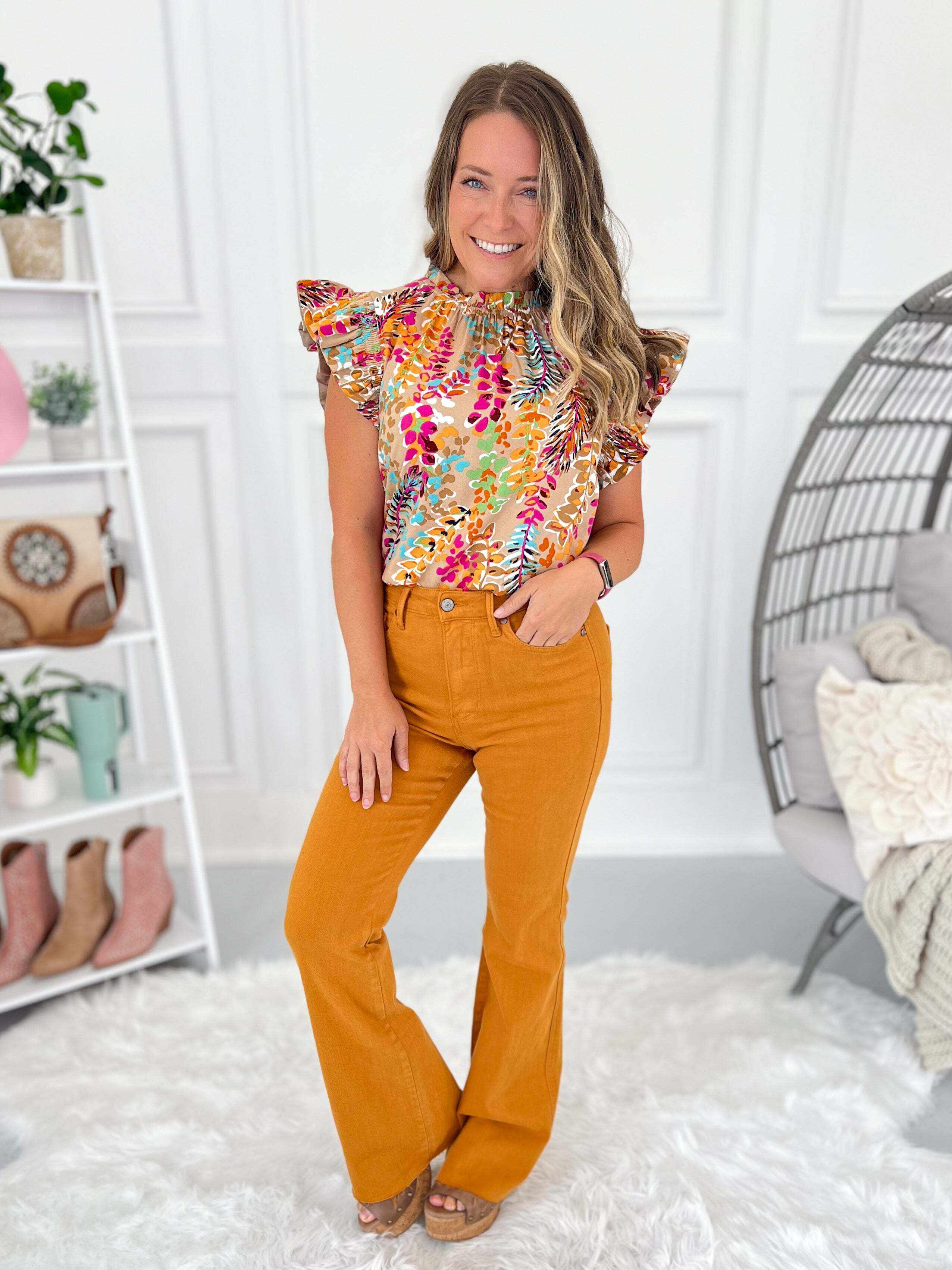 Christmas Tummy Control Marigold Dyed Flare Jeans- Final Sale