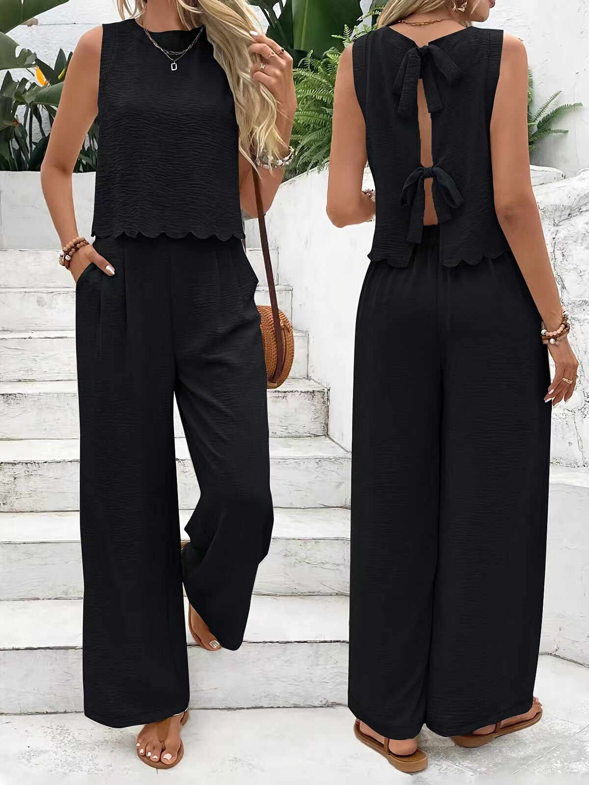 🔥Summer Arrivals🌟Women's Casual Round Neck Lace-up Top And Wide-leg Pants Set