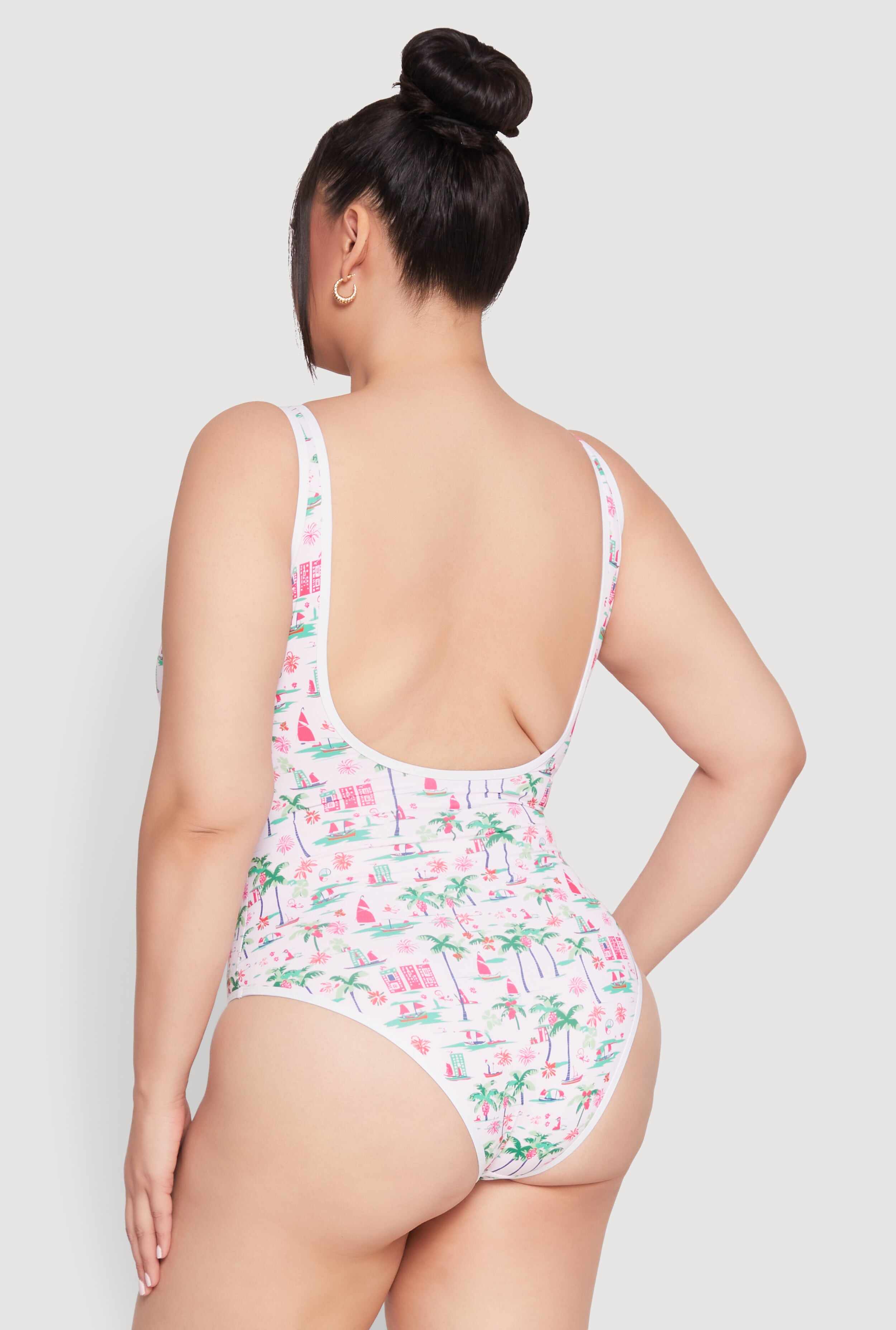 Plus Size Palm Tree Tropical Print One Piece Swimsuit