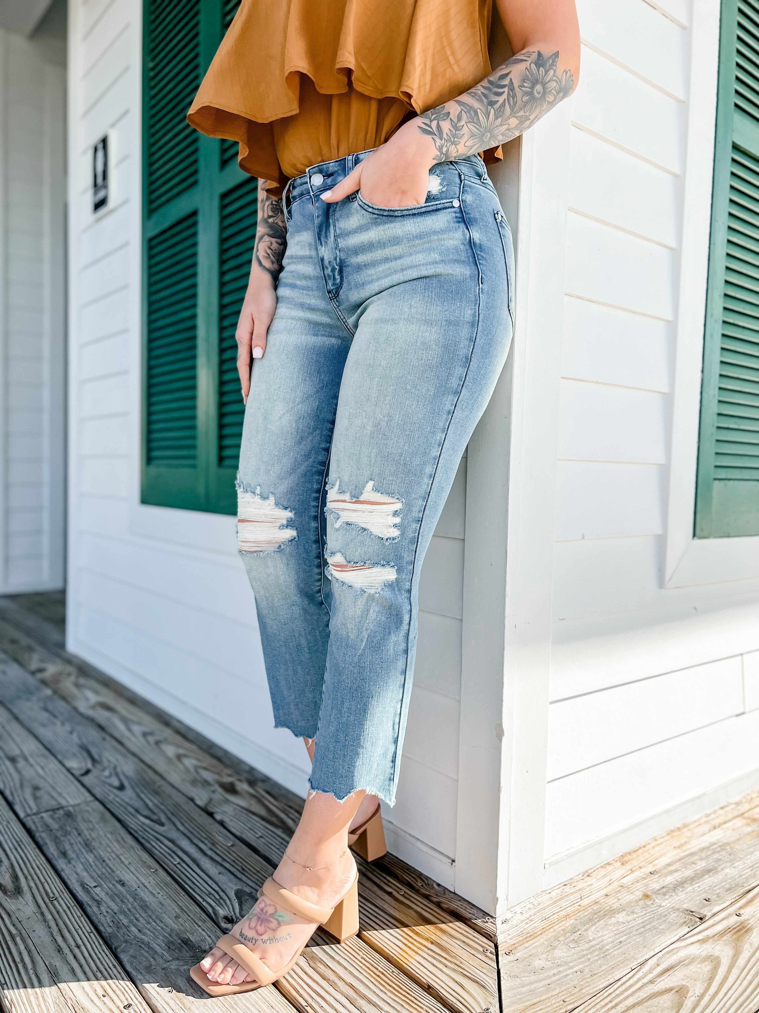 🔥Hot Sales🔥Look At Me Now Medium Wash Mid Rise Distressed Cropped Straight Leg Jeans