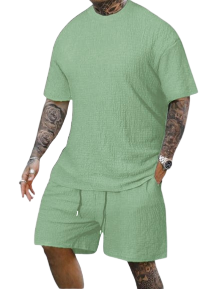 8 Pack-Men's Solid Textured Round Neck Tee & Drawstring Waist Shorts