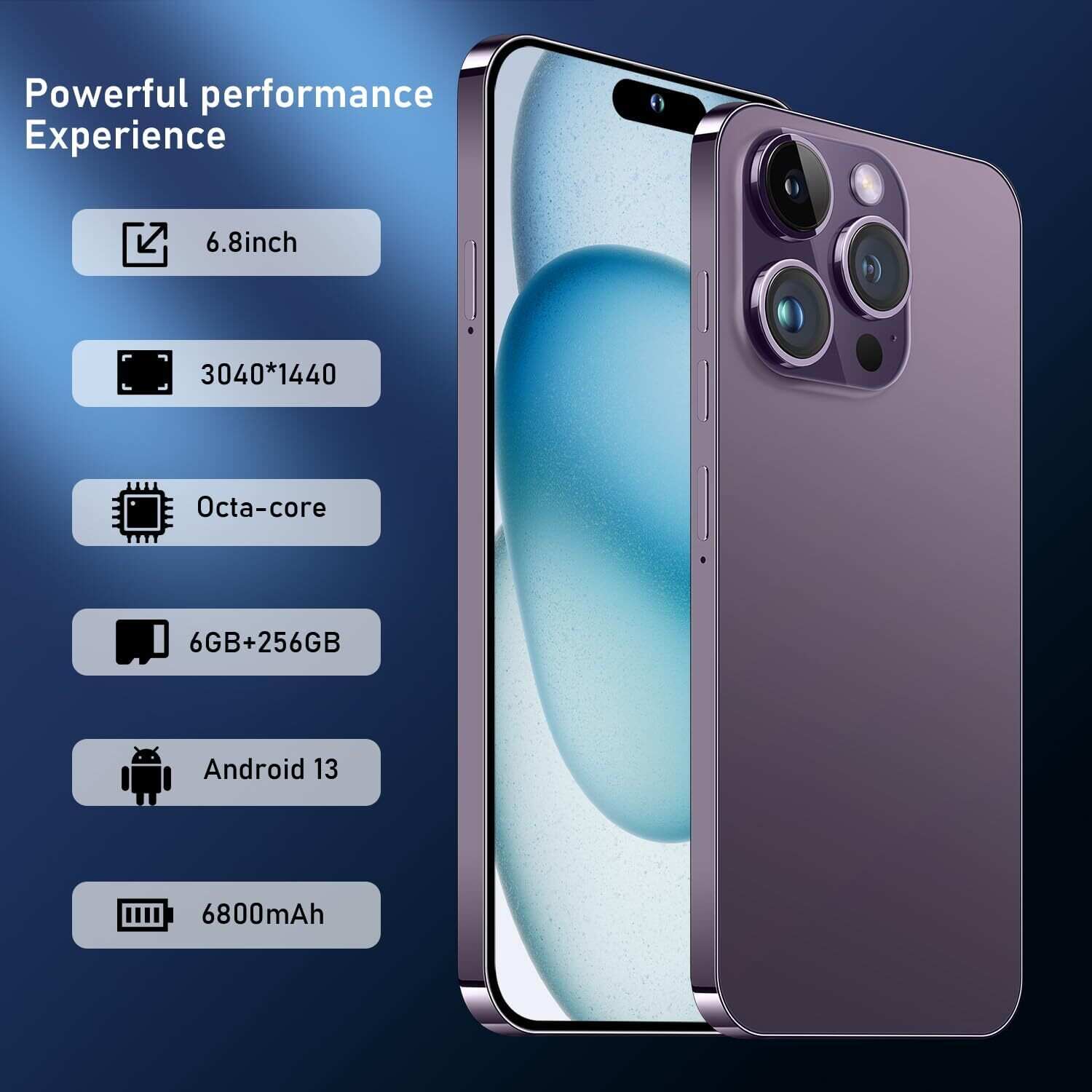 A15 Pro Max Smartphone, 6+256GB Unlocked Phone, Android 13.0, 48+108MP Zoom Camera, Long Battery Life 6800mAh, Dual SIM, 6.7“ HD Screen,5G Phone