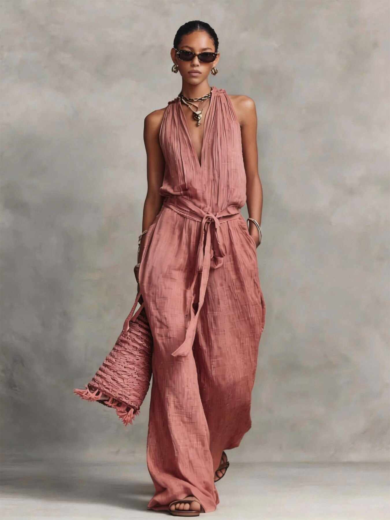 Casual Lace-Up Sleeveless Cotton Blend Jumpsuit