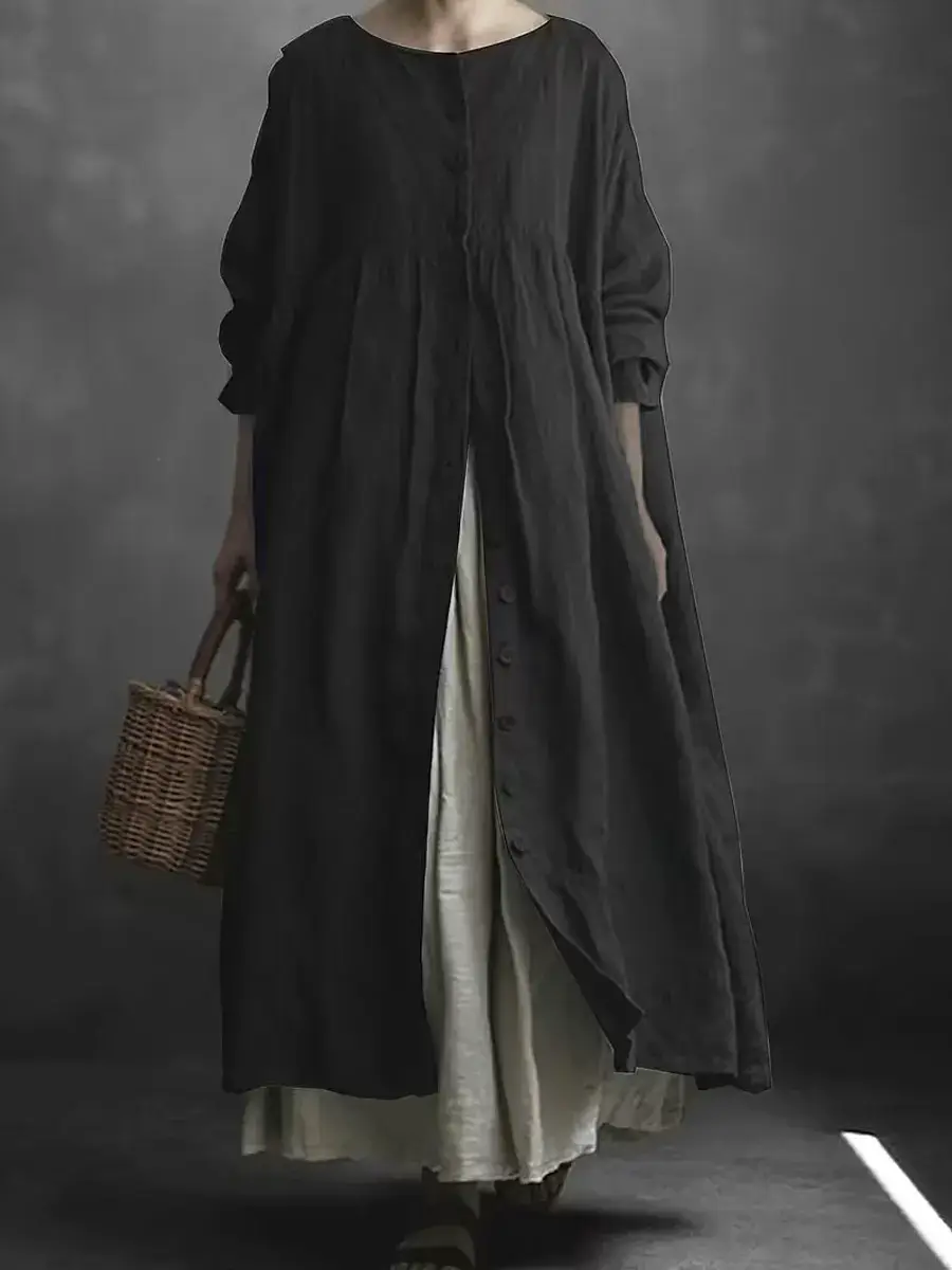 🔥Summer Arrivals🌟Women's Solid Color Art Casual Long Sleeve Cotton Linen Dress