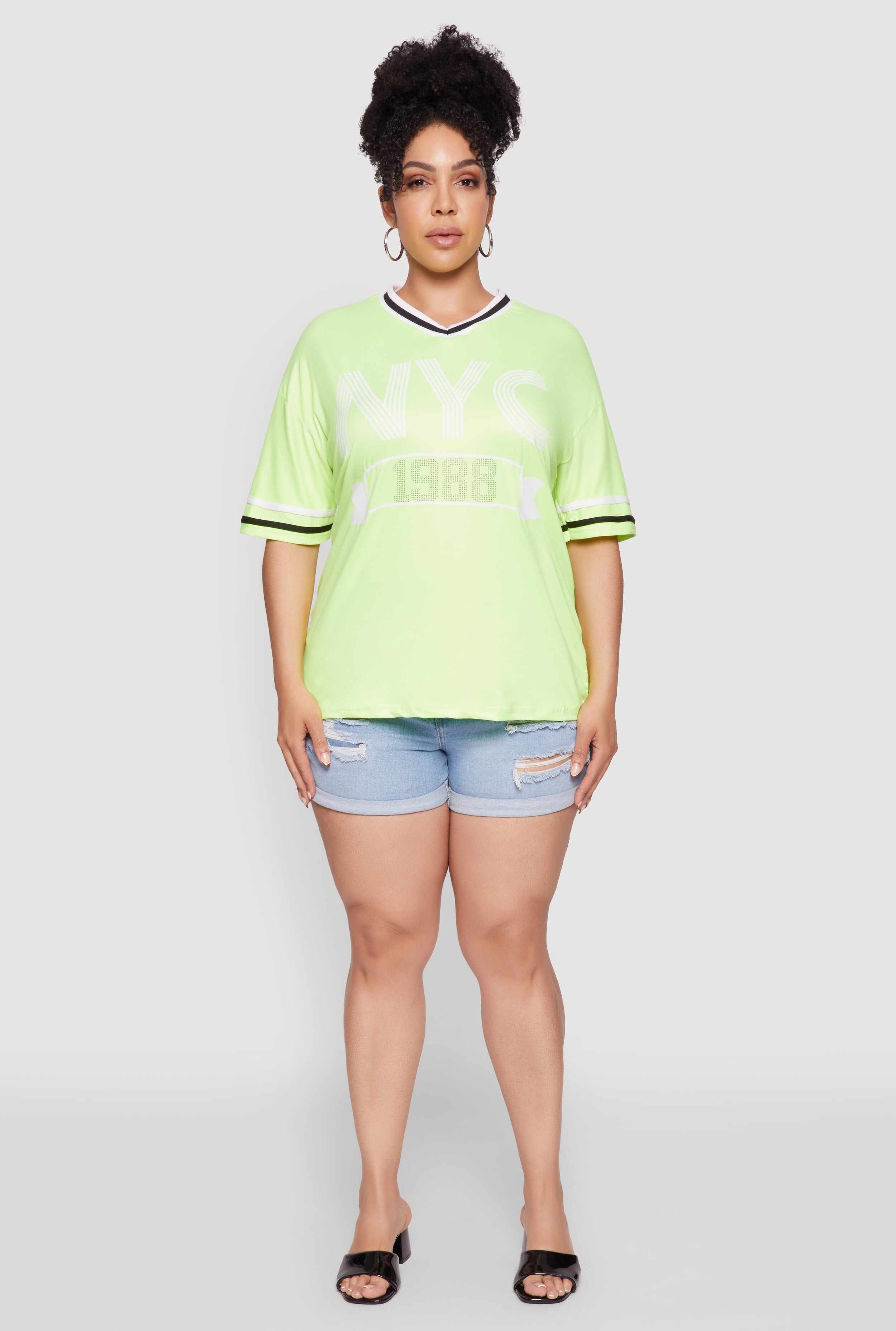 Plus Size NYC 1988 Rhinestone Varsity Stripe V Neck T Shirt
