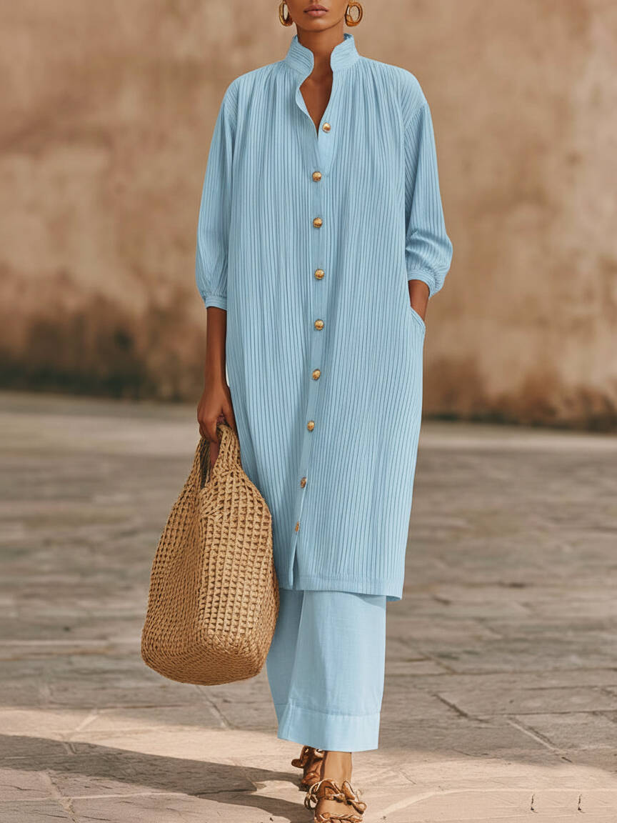 🔥Summer Arrivals🌟Elegant Metal Button Longline Shirt And Pants Set