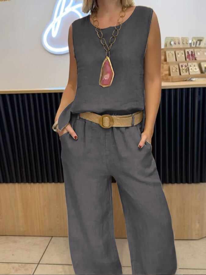 Women's Casual Solid Color Round Neck Vest Trousers Cotton and Linen Two-piece Set