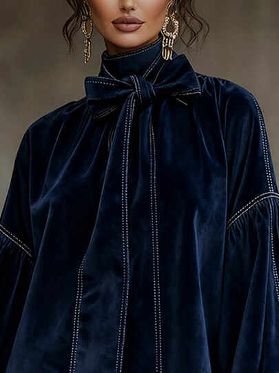 Dark Blue Velvet Bow Lantern Sleeve Mini Dress