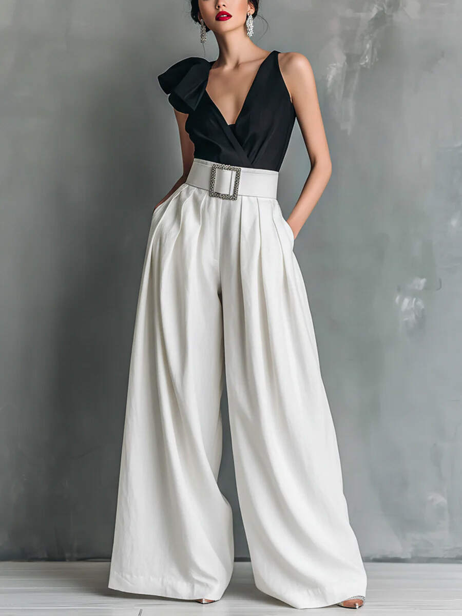 🔥Summer Arrivals🌟Women's Solid Color High-waisted Casual Loose Cotton Wide-leg Pants