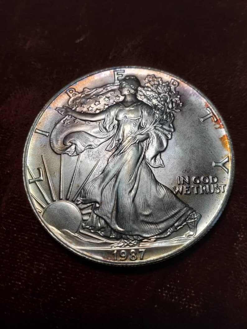 1987 American Silver Eagle BU  -  1 Oz .999 - Nice toning - Includes airtight capsule-  Lot# 475