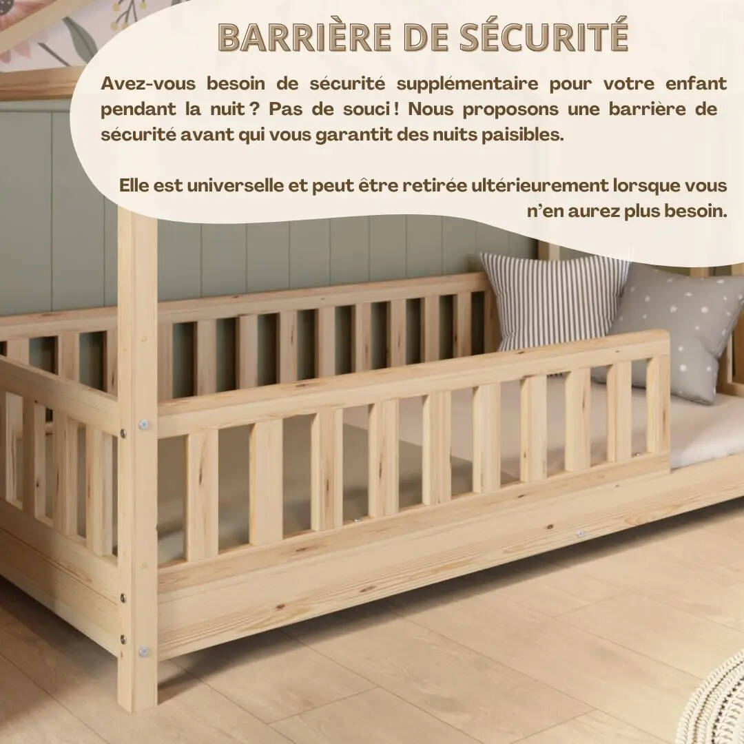 Clearance Sale Crazy Pine Cabin Bed 160x80 cm – Natural Wood Children's Bed with Barrier – Montessori Floor Bed with Height-Adjustable Legs and Removable Barrier - Crazy House