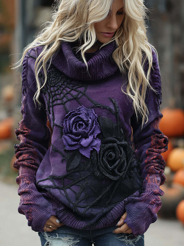 Vintage Halloween Black And Purple Rose Art Cozy Knit Turtleneck Sweater