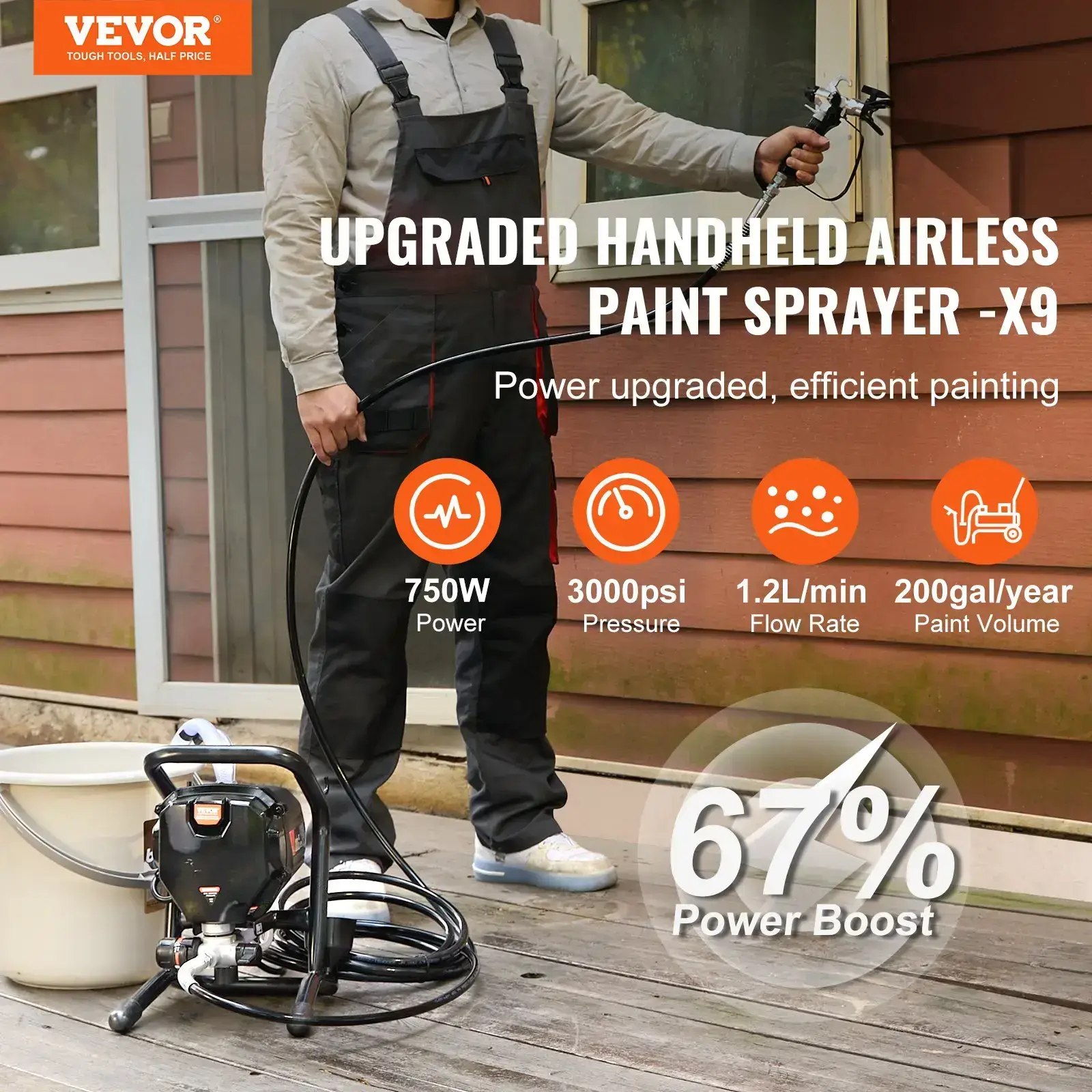 3000PSI High Pressure Airless Paint Sprayer, 750W Handheld Painting Machine with Hose, Stand Type Paint Gun for Interior Exterior Wall Furniture Fences