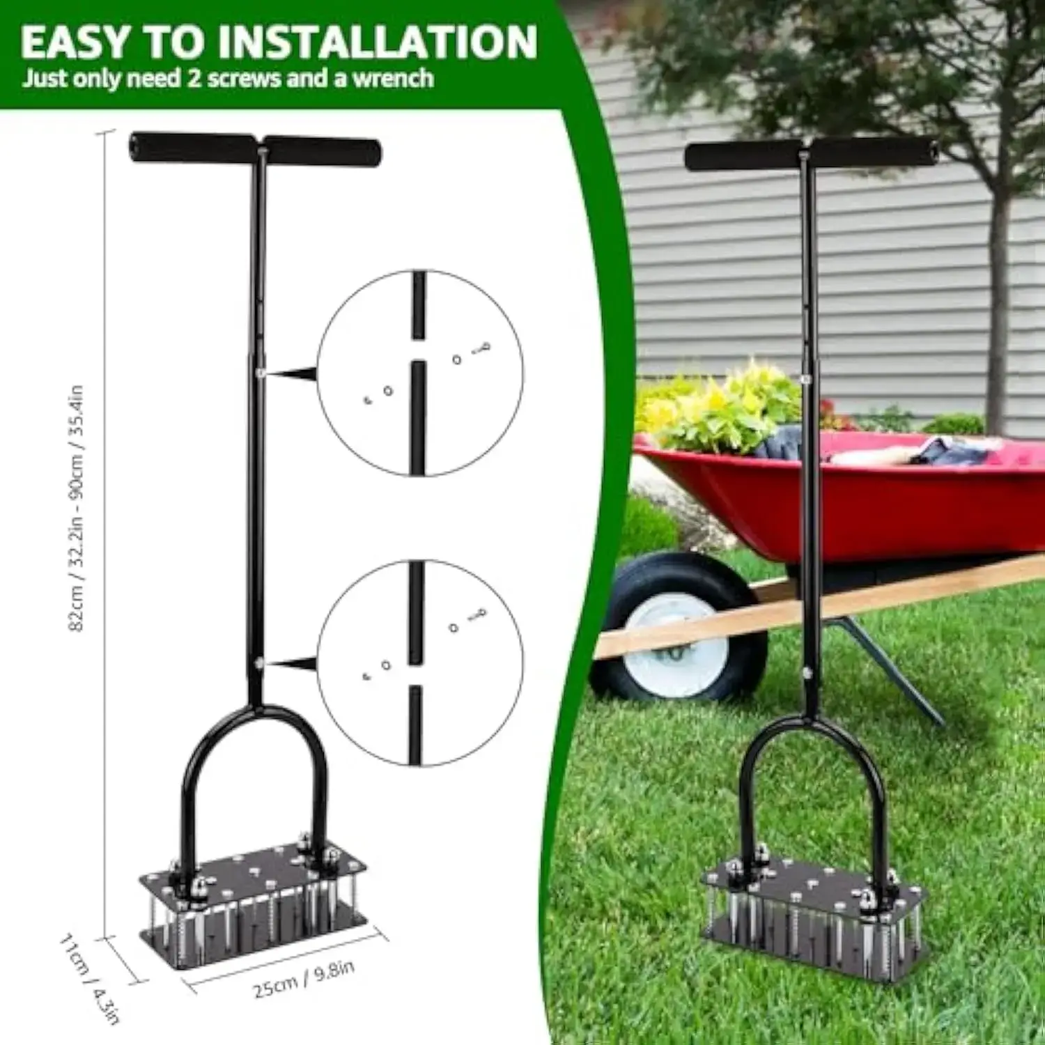 【FathersDayGift】 Lawn Aerator - Aerator Lawn Tool, Automatic Dirt and Leaf Clean Design, Heavy Duty Manual Lawn Aerator Tool with 15 Iron Spikes, Height Adjustable, Yard Grass Aerator for Lawn (Black)
