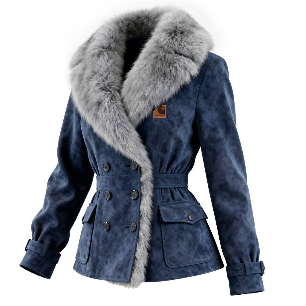 Women's Elegant Double-breasted Black Suede Coat With Fur Collar