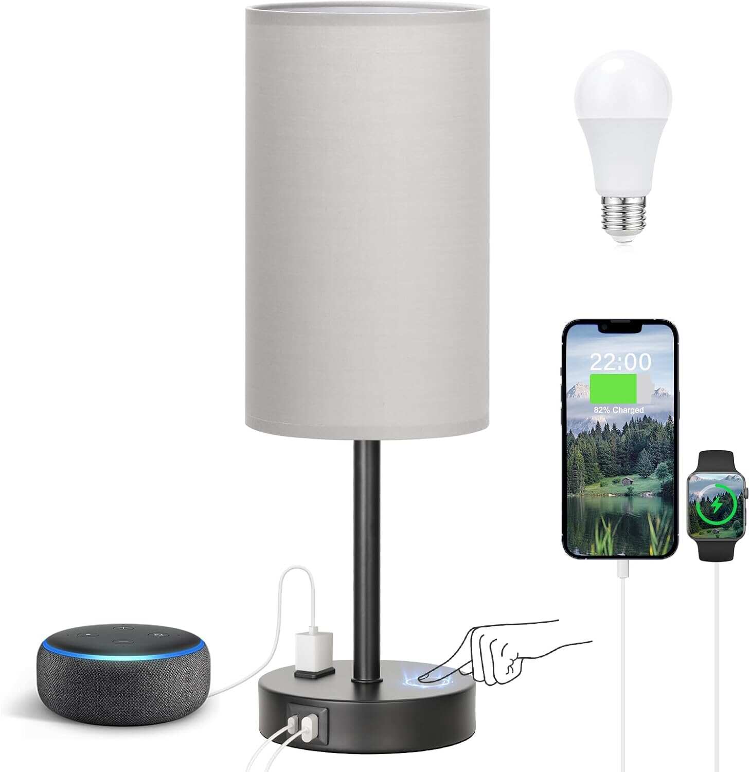 Bedside Table Lamp for Bedroom - 3 Way Dimmable Touch Lamp USB C Charging Ports and AC Outlet, Small Lamp Wood Base Round Flaxen Fabric Shade for Living Room, Desk, LED Bulb Included