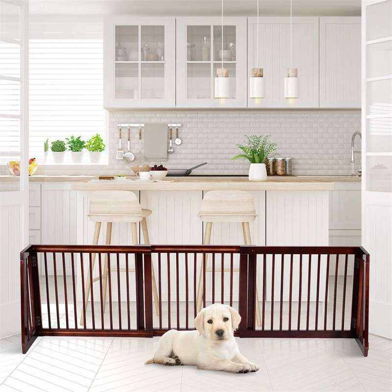 Freestanding Pet Gate Expandable Wood Dog Gate 28''- 80'' Adjustable Step Over Pet Fence for Indoor