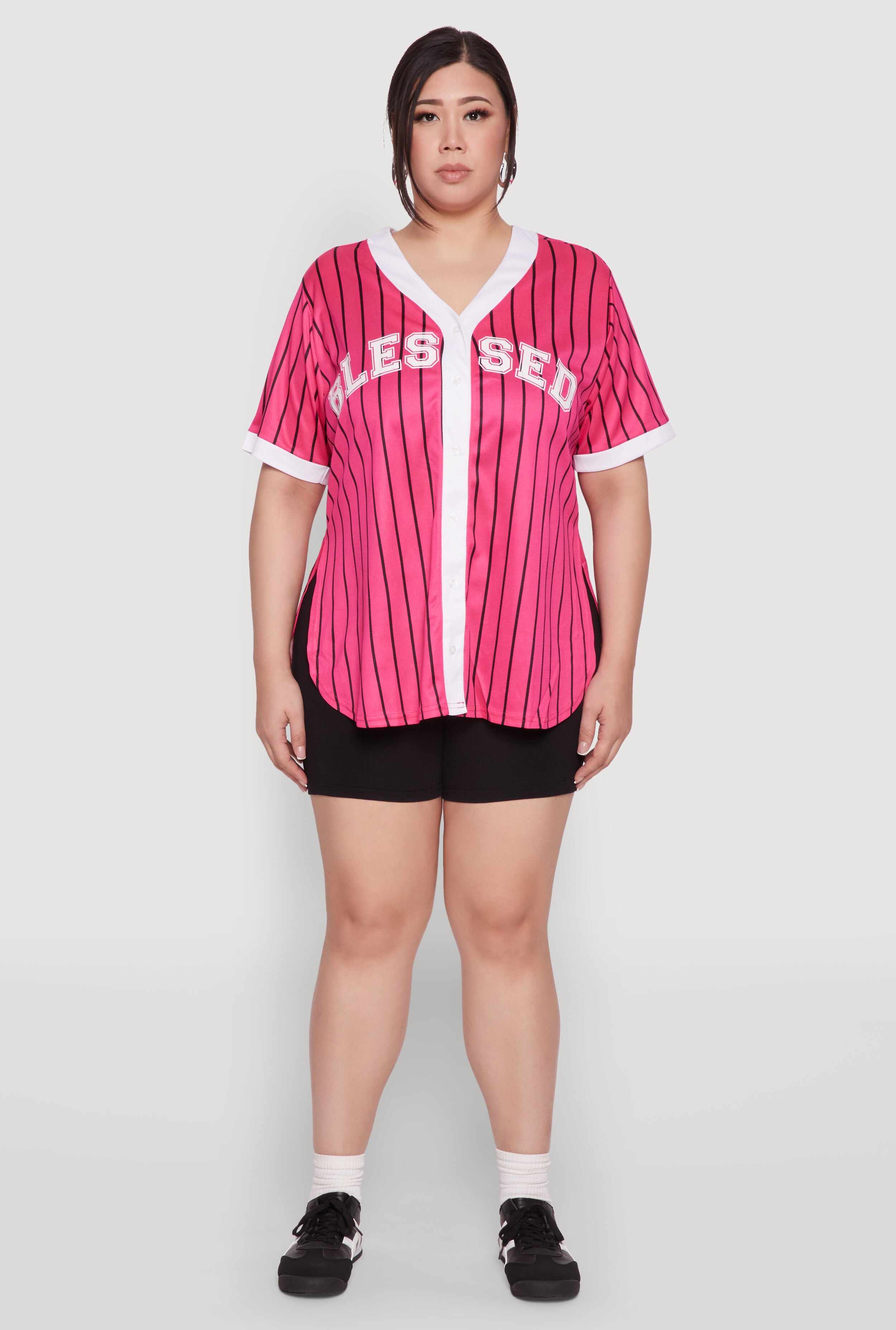 Plus Size Blessed Pinstripe Baseball Shirt