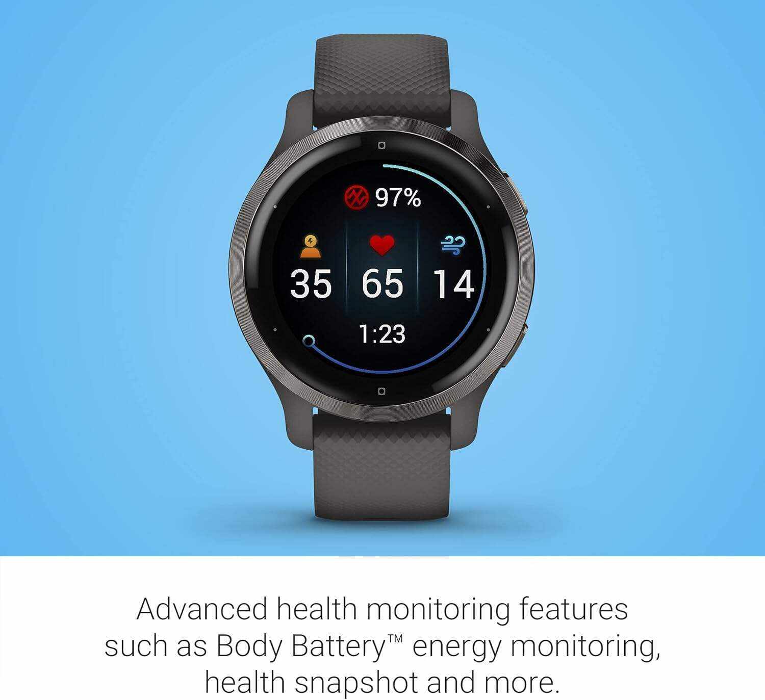 Garmin Venu 2, GPS Smartwatch with Advanced Health Monitoring and Fitness Features, Slate Bezel with Black Case and Silicone Band , 27.9 mm