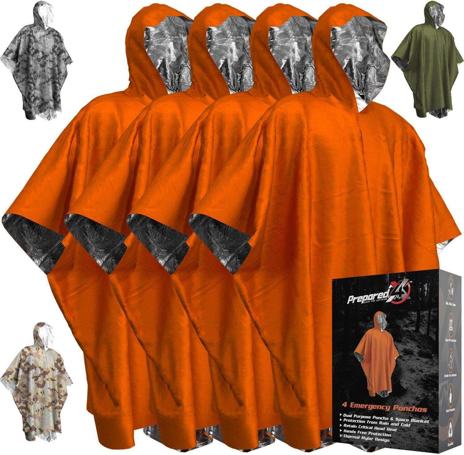 PREPARED4X Emergency Rain Poncho with Mylar Blanket Liner - Survival Blankets for Car - Heavy Duty, Waterproof Camping Gear, Tactical Prepper Supplies