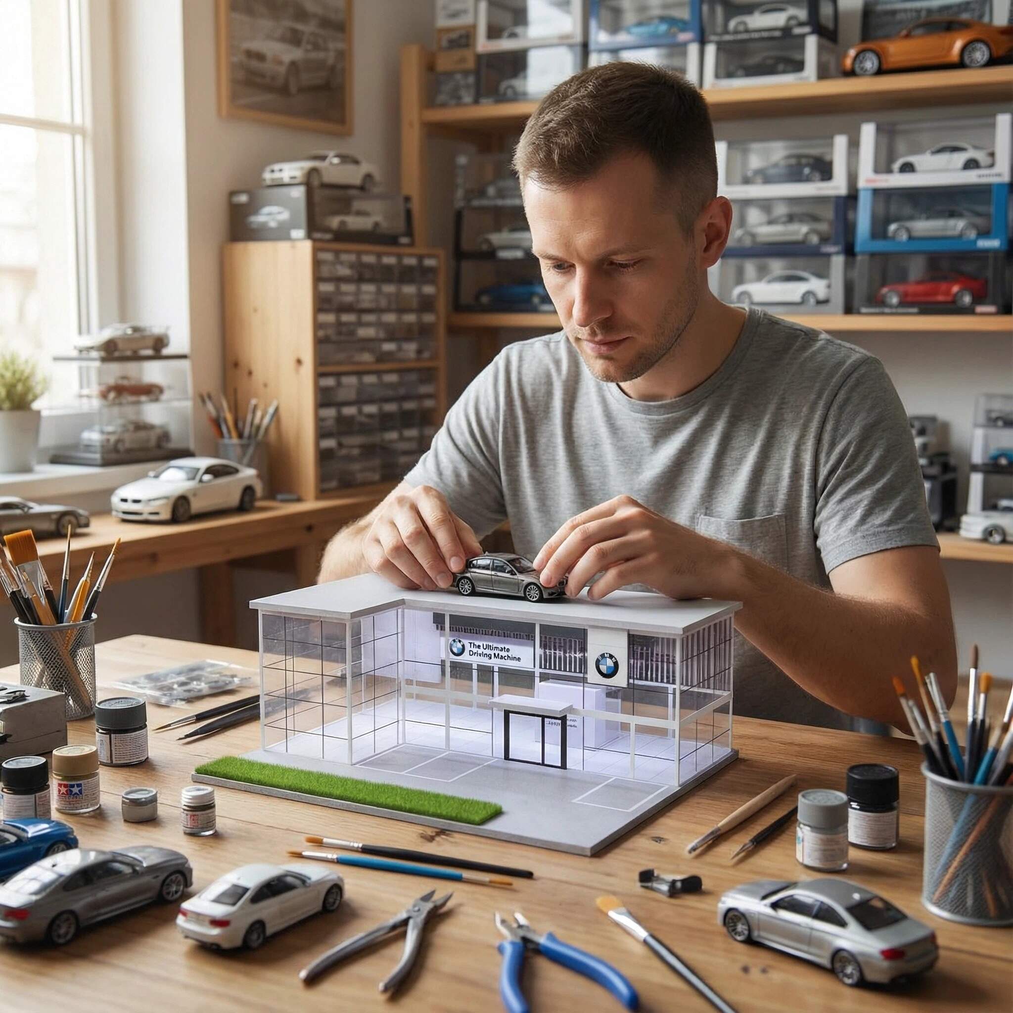 1:64 Scale Modern Luxury Car Showroom Diorama Display Case – Contemporary Dealership Scene for Diecast Cars