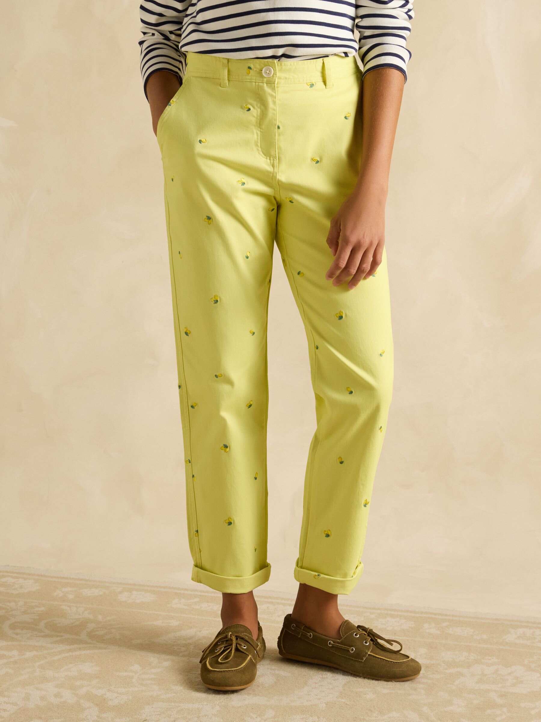 Slim Fit Yellow Lemon Embroidered Chino Trousers