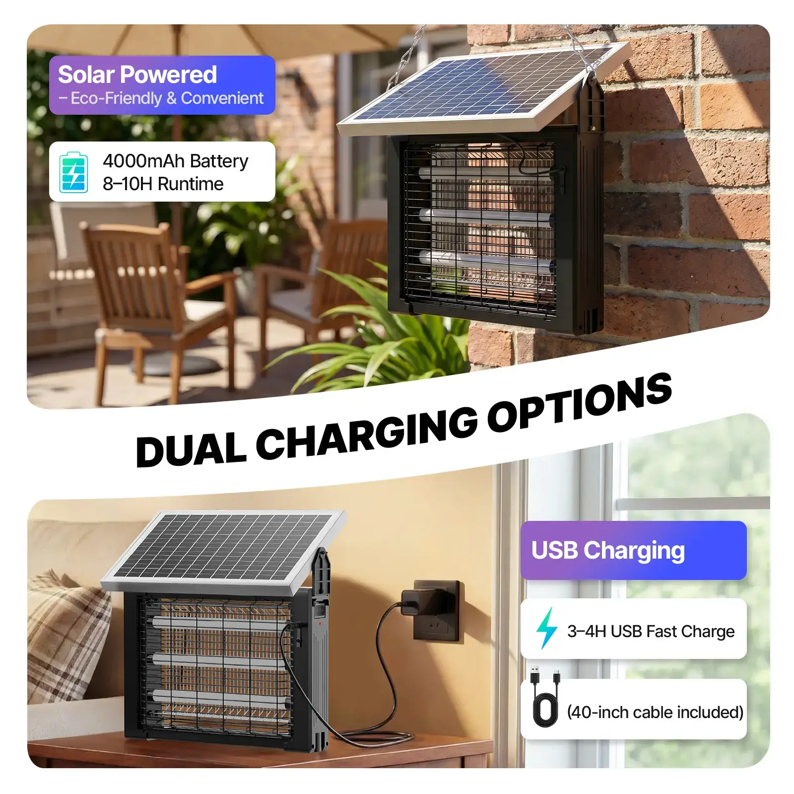3500V Solar Bug Zapper, High Power Cordless Mosquito Zapper with Smart Light Sensor, Dual Solar & USB Rechargeable Insect Killer for Patio, Garden, Backyard, Outdoor Use