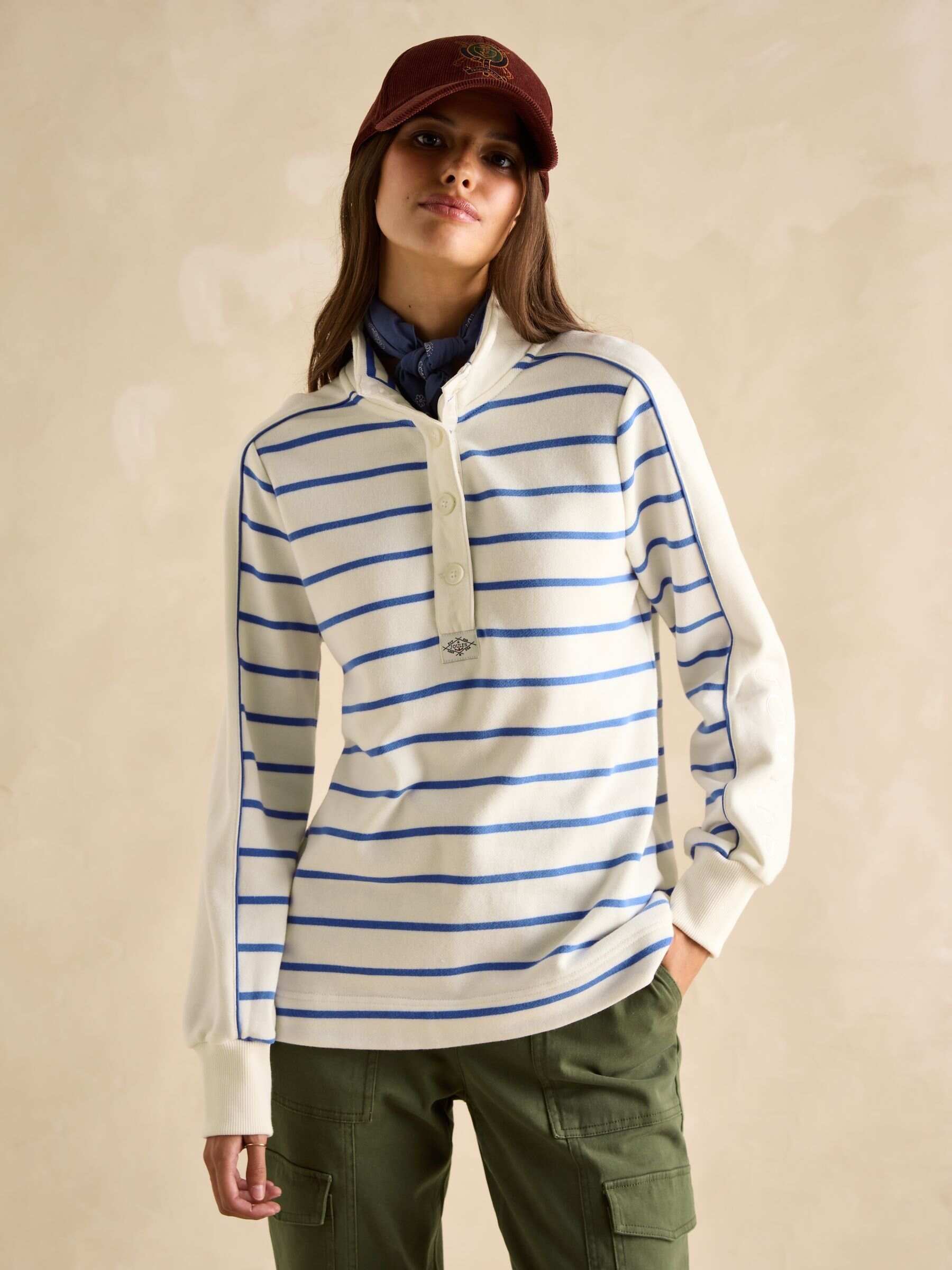 Southwold Cream & Blue Cotton Button Down Striped Sweatshirt