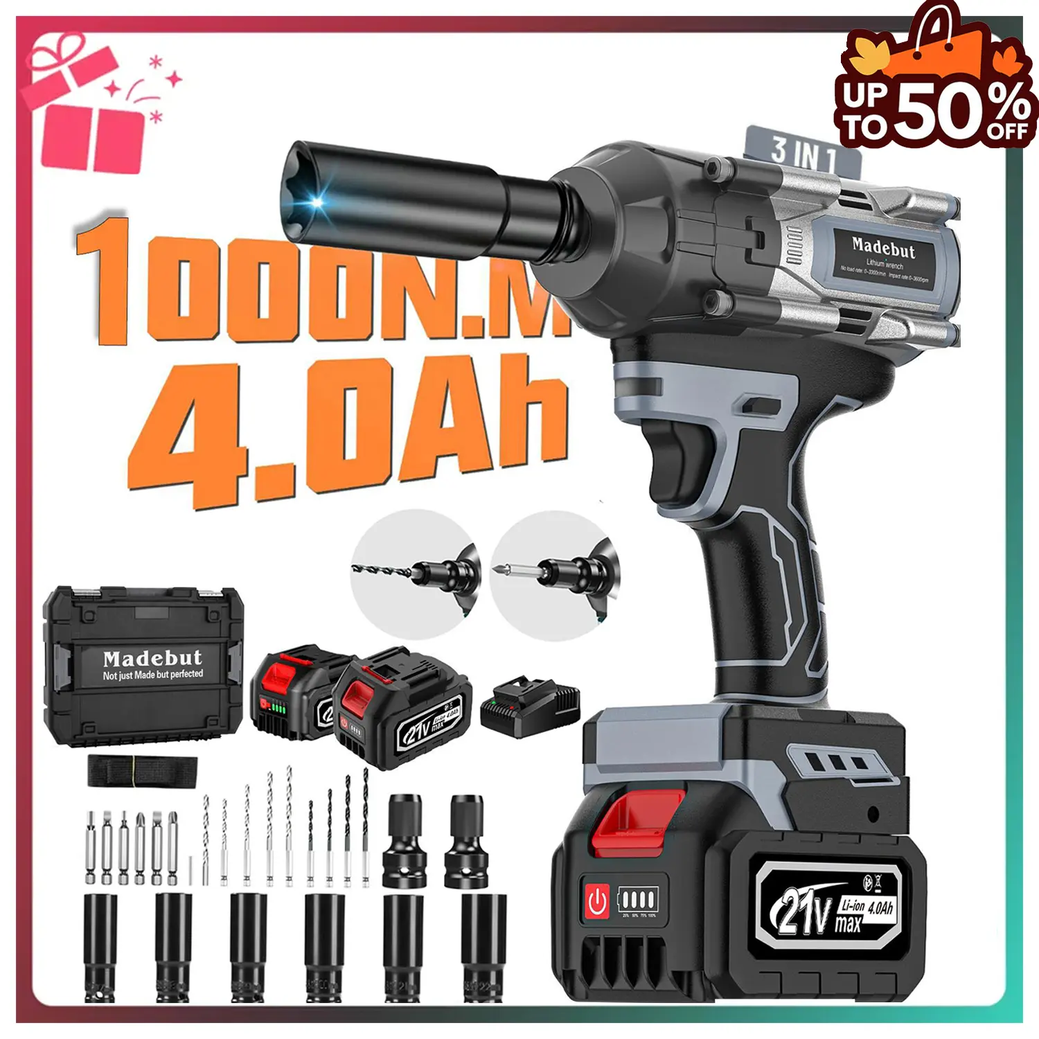 1000N.m Cordless Impact Wrench, All-Metal Cordless Impact Gun with 2 * 4.0Mah, 3-IN-1 Electric Impact Wrench with 5 Sleeves, High Torque 1/2 Impact Wrench
