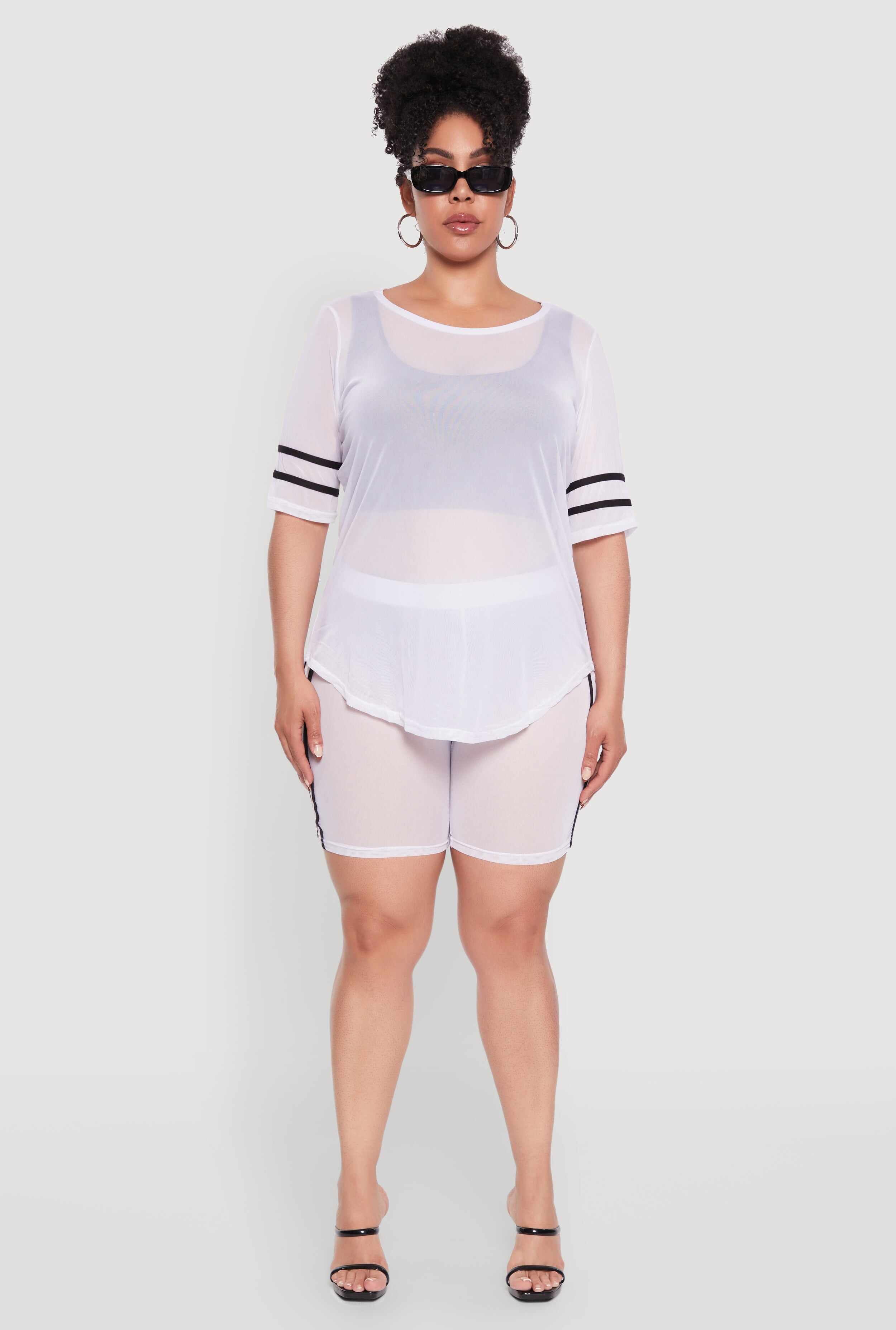 Plus Size Mesh High Waisted Bike Shorts with Varsity Stripe Details