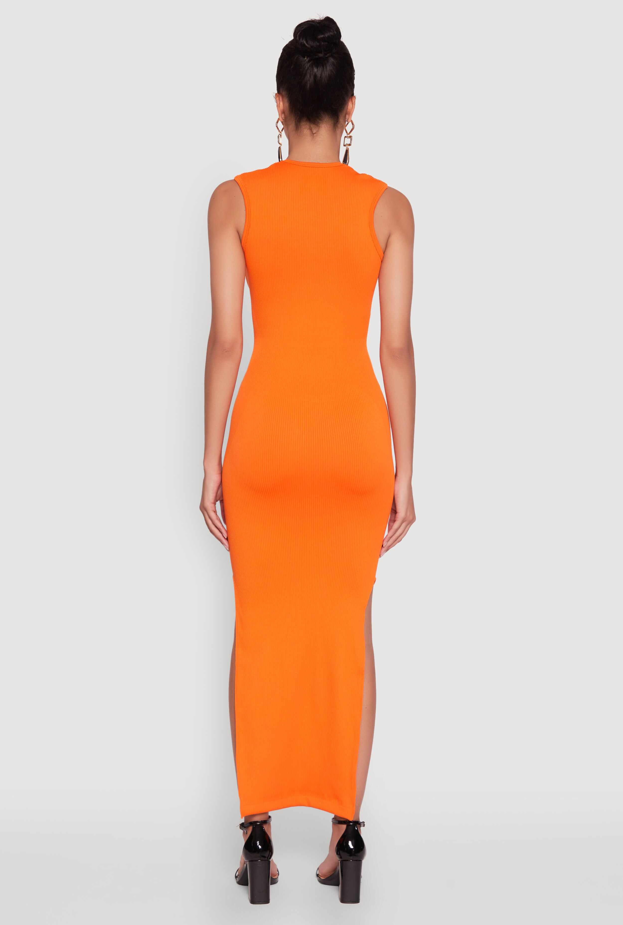 Trendy Rib Knit Plunge Neck Side Slit Maxi Dress