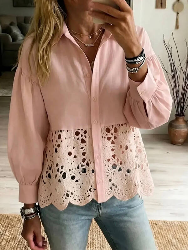 New Women's Shirt with Cut-Out Hem Detail Blouse