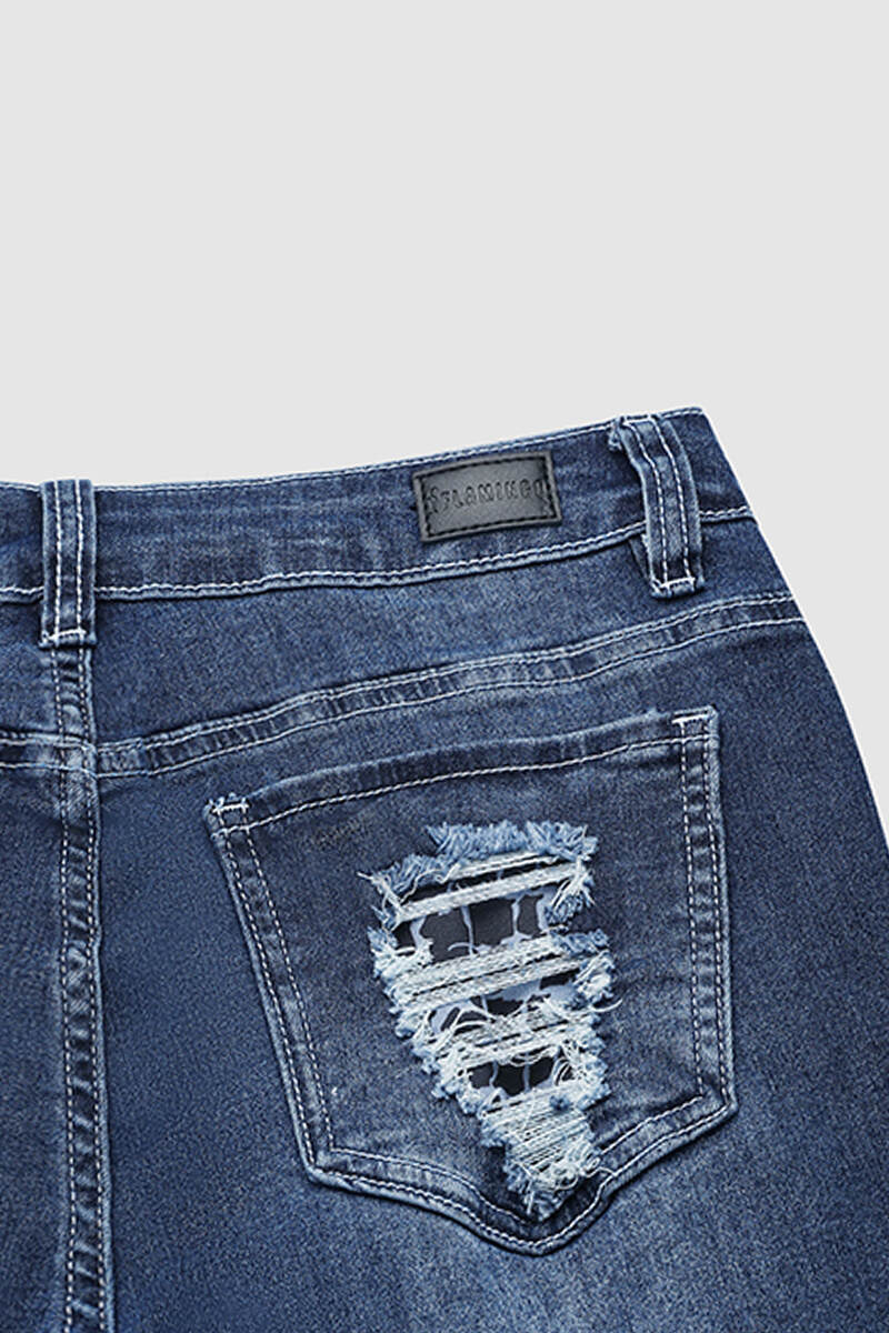 Vintage Stripe Print Ripped Mid Waist Jeans