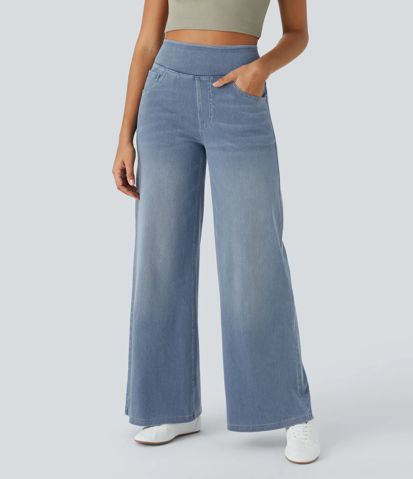 💝Last day promotion⚡High Waisted Multiple Pockets Baggy Wide Leg Washed Stretchy Knit Casual Jeans