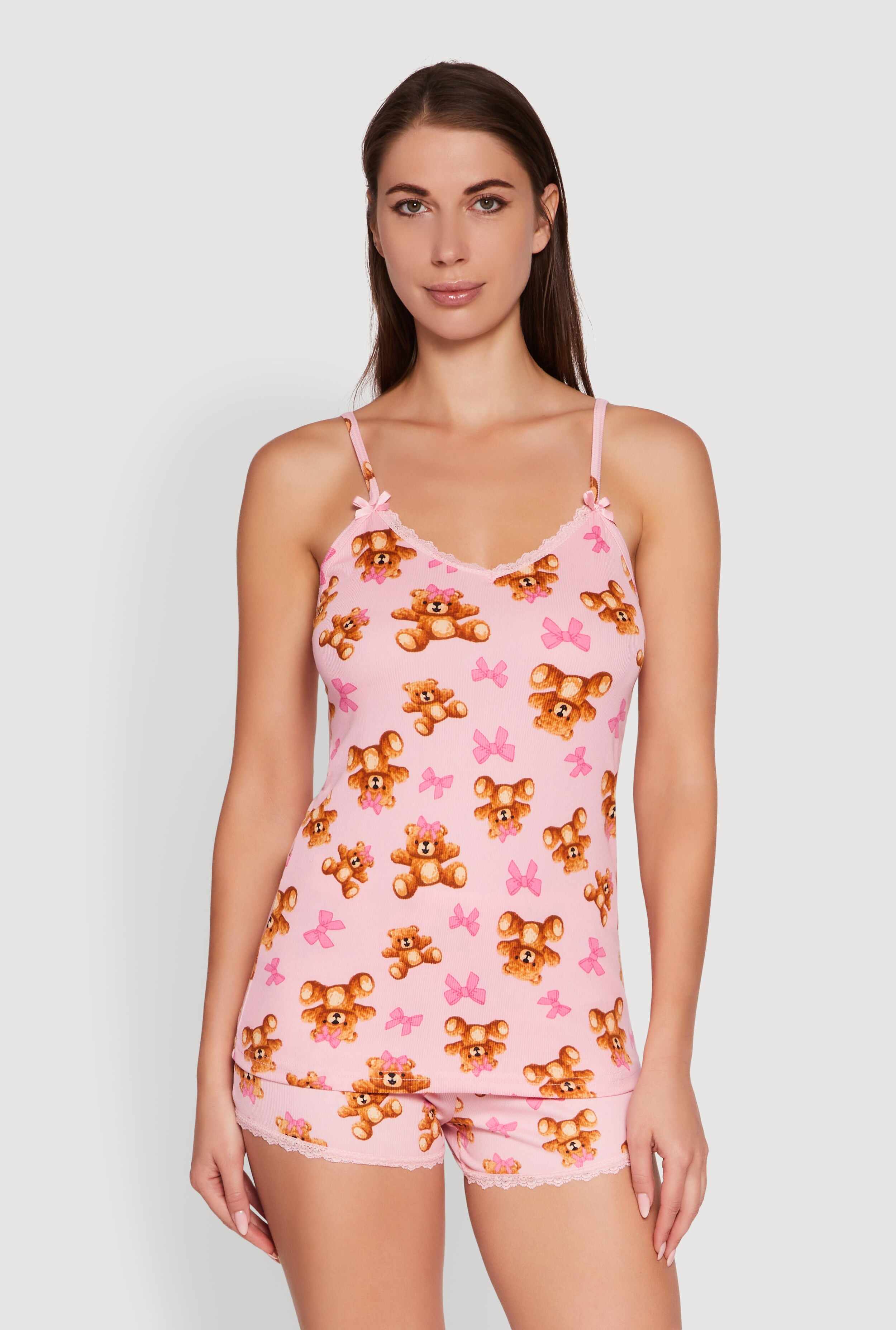 Teddy Bear Bow Print Pajama Cami and Shorts Set